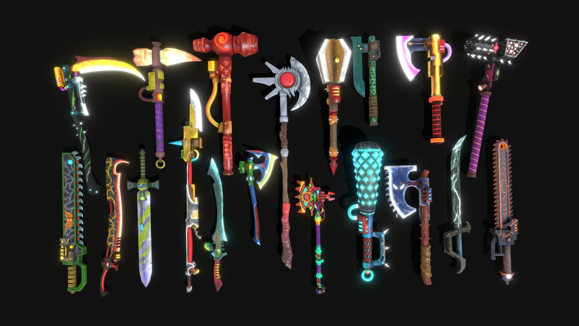 The final quality of these weapons is somewhat higher than what is listed here. Because the quality of the textures here is greatly reduced
This package contains 19 fantasy weapons. You can get different versions of this package from different places.
These weapons are lowpoly and are fully optimized for game engines.
Artstation:
Unity store:
UnrealEngine store:
Cgtrader(For single purchase, weapons): - 19 Fantasy Stylized Weapons - 3D model by Aren cg (@aren.cg) 3d model