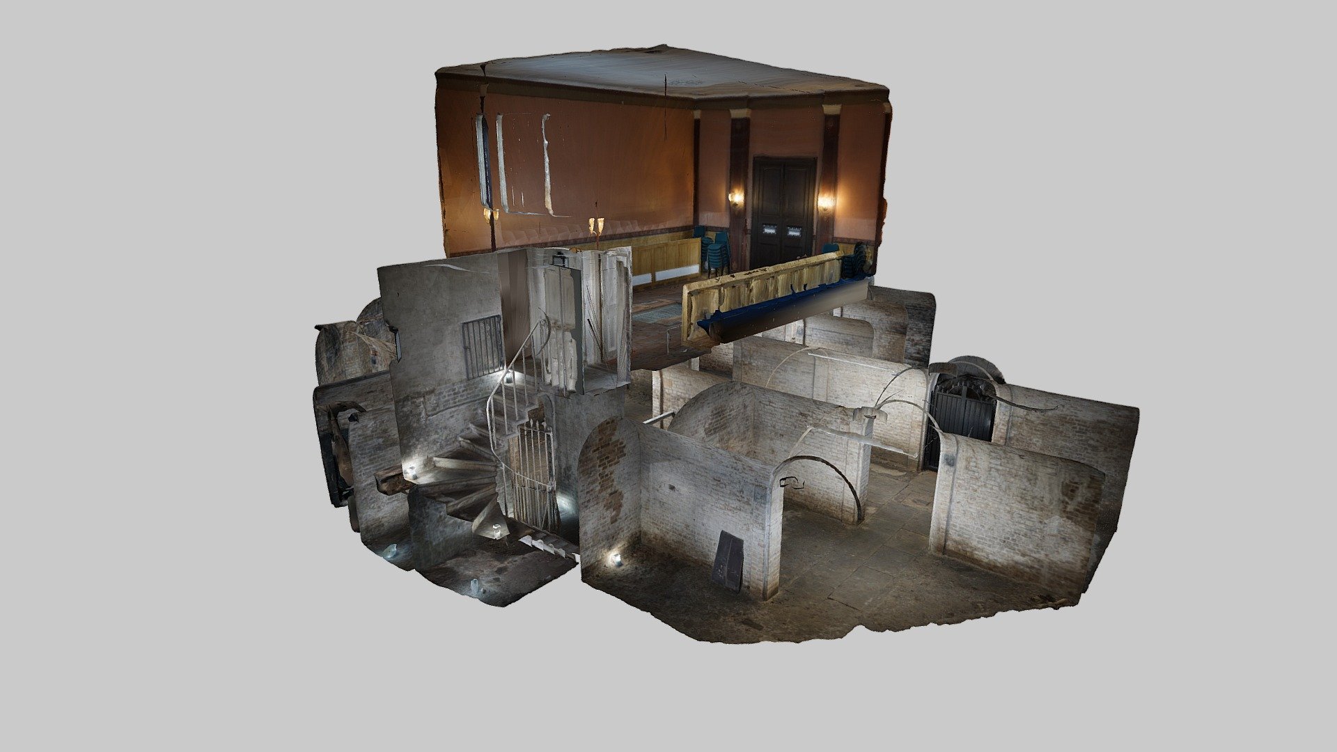 Photogrammetry capture of the crypt and Dissenters' Chapel interior at Kensal Green Cemetery, London.

Date: 1830s.

https://en.wikipedia.org/wiki/Dissenters%27_Chapel,_Kensal_Green
https://www.kensalgreen.co.uk/

Access and assistance supplied by trustee, Colin Fenn.

4848 photos taken in March 2021 with a Sony a6000 and processed in Reality Capture.
Area around loculi (coffin shelves), some railings and side gallery of chapel cleaned up by hand due to processing errors.
One corner of the crypt could not be scanned due to a locked gate to where the coffins are stored.
Scale: There is a red/orange 1 meter ruler on the ground in front of the black gate in the crypt 3d model