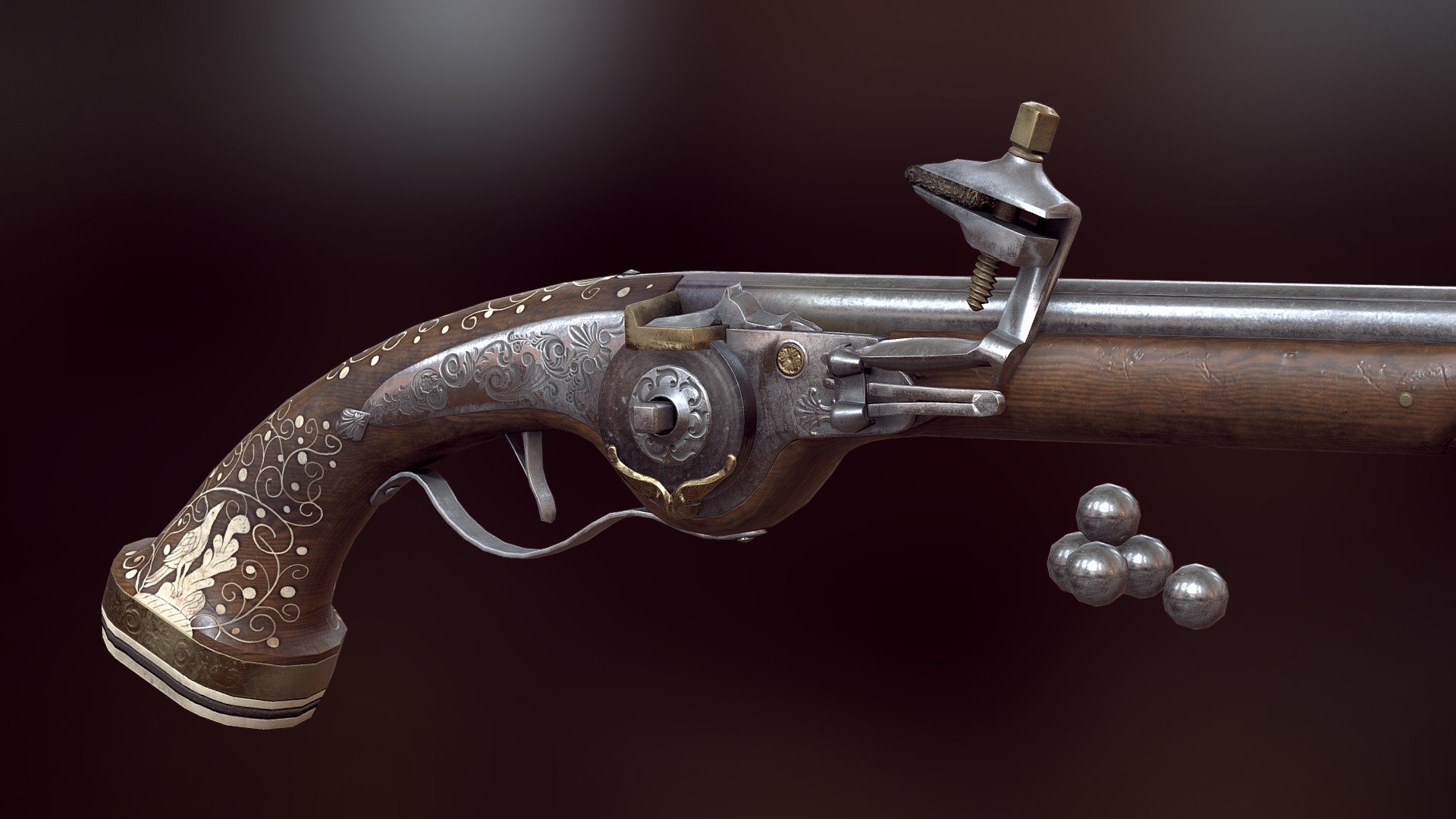 This dutch pistol from the mid 17th century is modeled after a piece found in the Rijksmuseum at Amsterdam. The wheellock was used from the late 15th to 17th century as a more advanced, reliable and expensive variant to the matchlock.

More renders and details: https://www.artstation.com/artwork/xgl52

Source: https://www.rijksmuseum.nl/nl/rijksstudio/kunstwerken/vuurwapens/objecten#/NG-2002-23-99,6

Made with Blender and Substance Painter
Model is rigged and ready for use ingame 3d model
