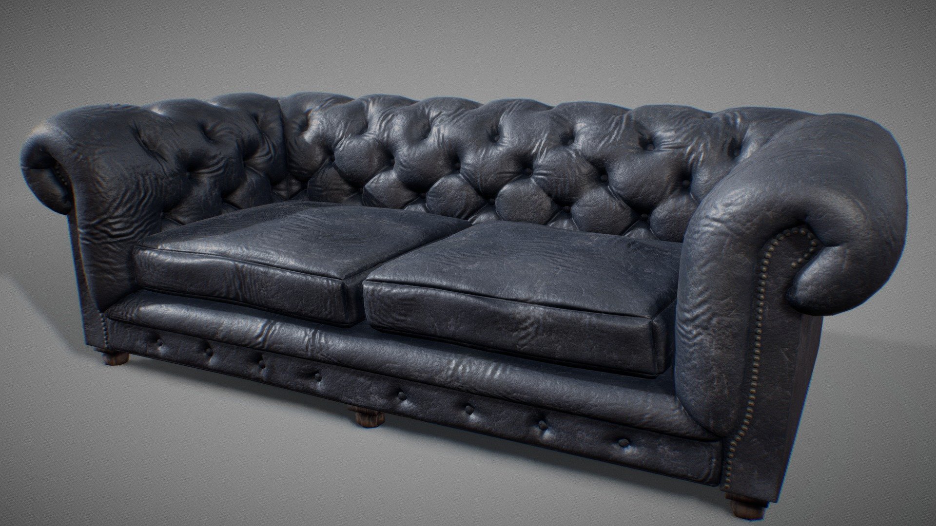 professionally modeled realistic chesterfield leather sofa. it has a PBR material with 8K textures, including: diffuse, roughness, normal, metallic. the classic chesterfield look was achieved by simulating the mesh with a cloth brush. real life reference was used to make it look as realistic as possible. it is also low poly and game ready 3d model