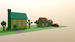 two houses, a garage and a car, low poly houses, low-poly, car