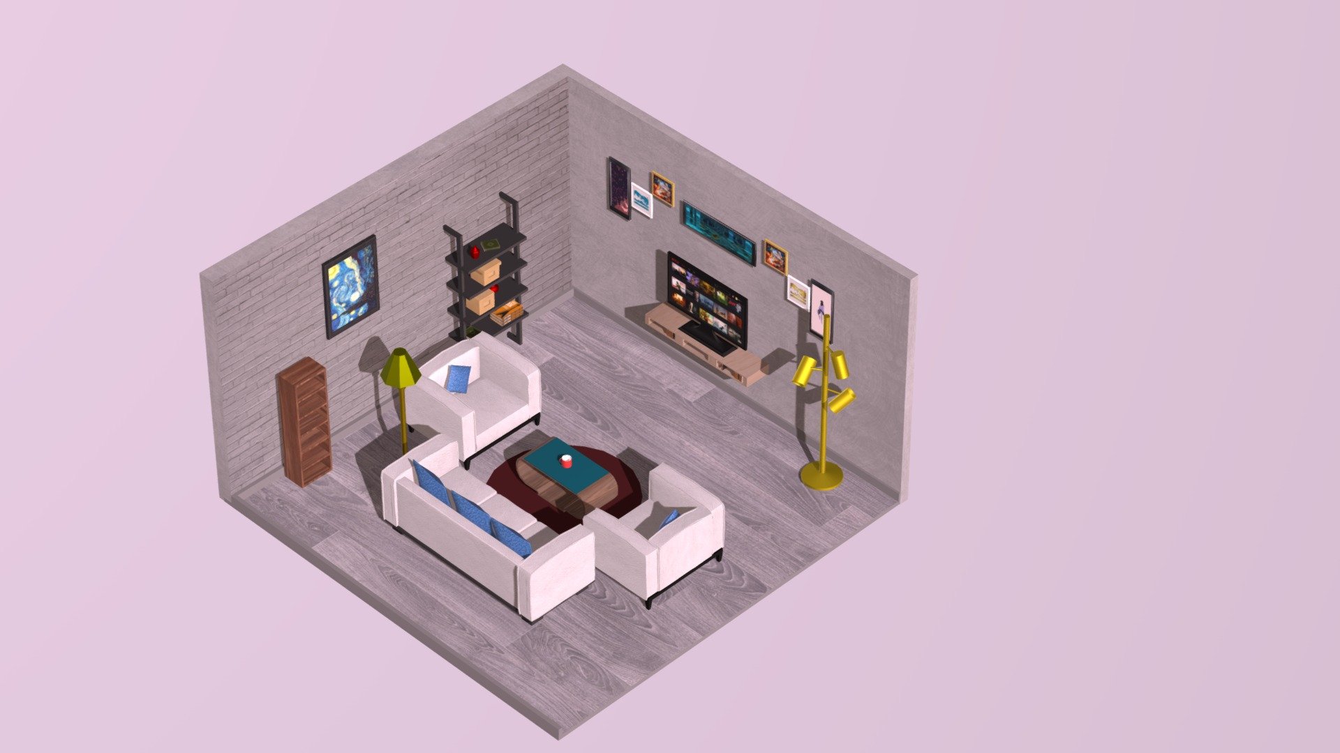 low poly isometric room . I designed this living room for a professional designer using color in this model most of inspired by love and passion 3d model