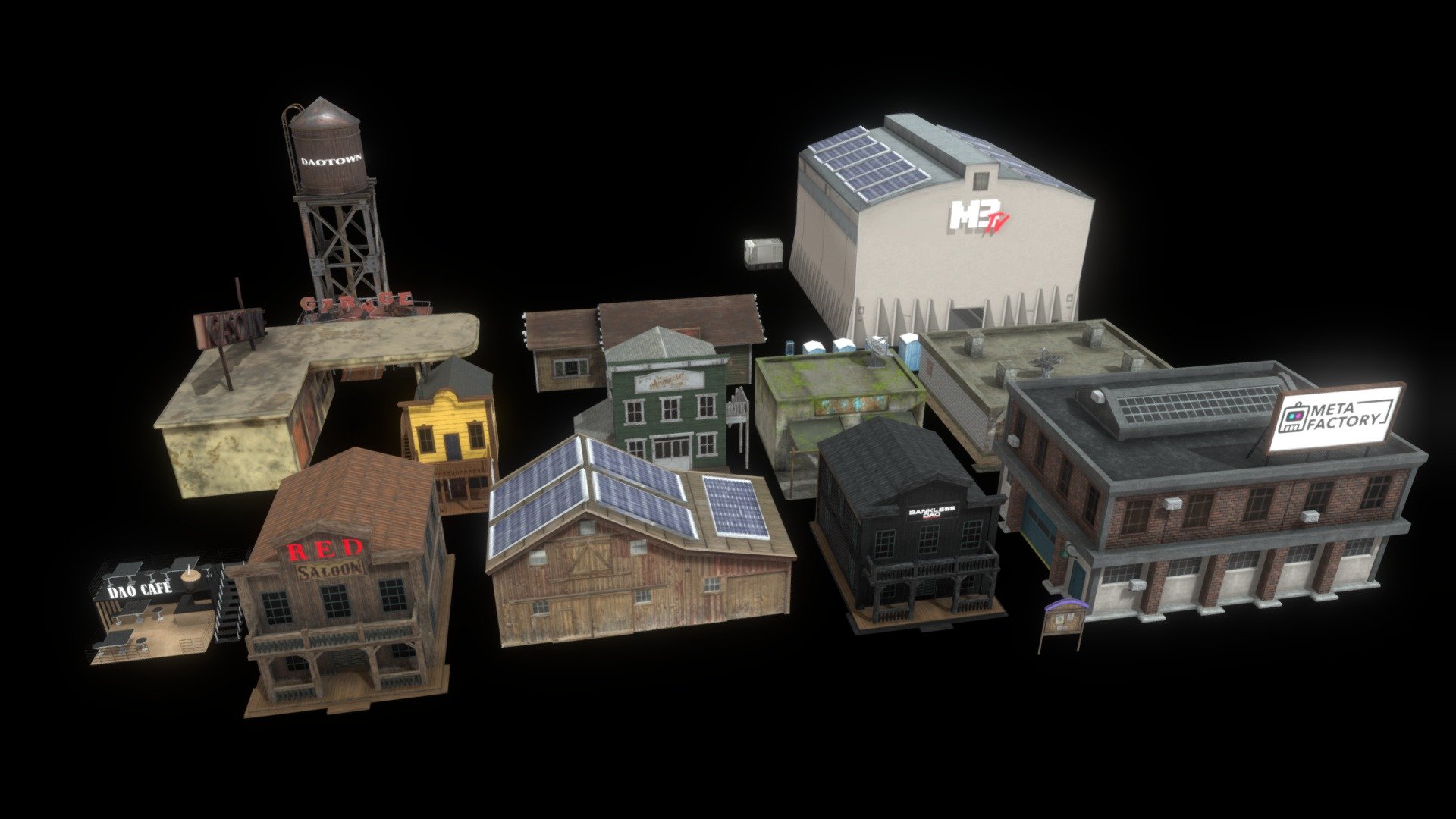 Various buildings used in DAOtown: https://hyperfy.io/daotown

Bankless building, MetaFactory, Red DAO, M3TV, some props

Water tower made by @staticcc - DAOtown Building Kit - Download Free 3D model by m3org 3d model