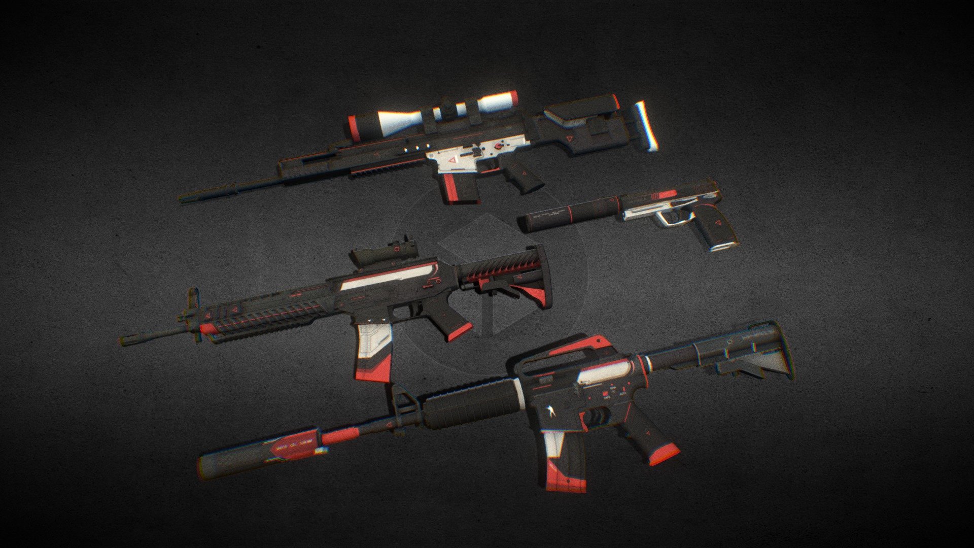 Another Different Artwork from my usual Mechanical Keyboards.


A Collection of Cyrex CS:GO/CS2 Weapon Models (All 4 Weapons that have Cyrex).
Stats:

Objects Count: 4

Poly Count: 60,518

Vertex Count: 33,712 



File Formats:

.blend 17 MB

.obj 5 MB

.zip 1 MB (4 obj files one for each weapon)



Textures:

All Textures are 2048x2048 pixels and contains:

Cyrex_M4A4-S.png

Cyrex_SCAR-20.png

Cyrex_SG 553.png

Cyrex_USP-S.png

(Each weapon has it's own texture)

IMPORTANT: For Cycles, Plug Alpha output of the texture to subsurface color (or Alpha) input of the Principled BSDF for the png to work correctly.

I hope you like it, feel free to give me feedback and suggest Artworks and collections for me to do next. 
Also contact me or email me at amjadkalash2000@gmail.com if you want a custom Artwork for your inventory 3d model