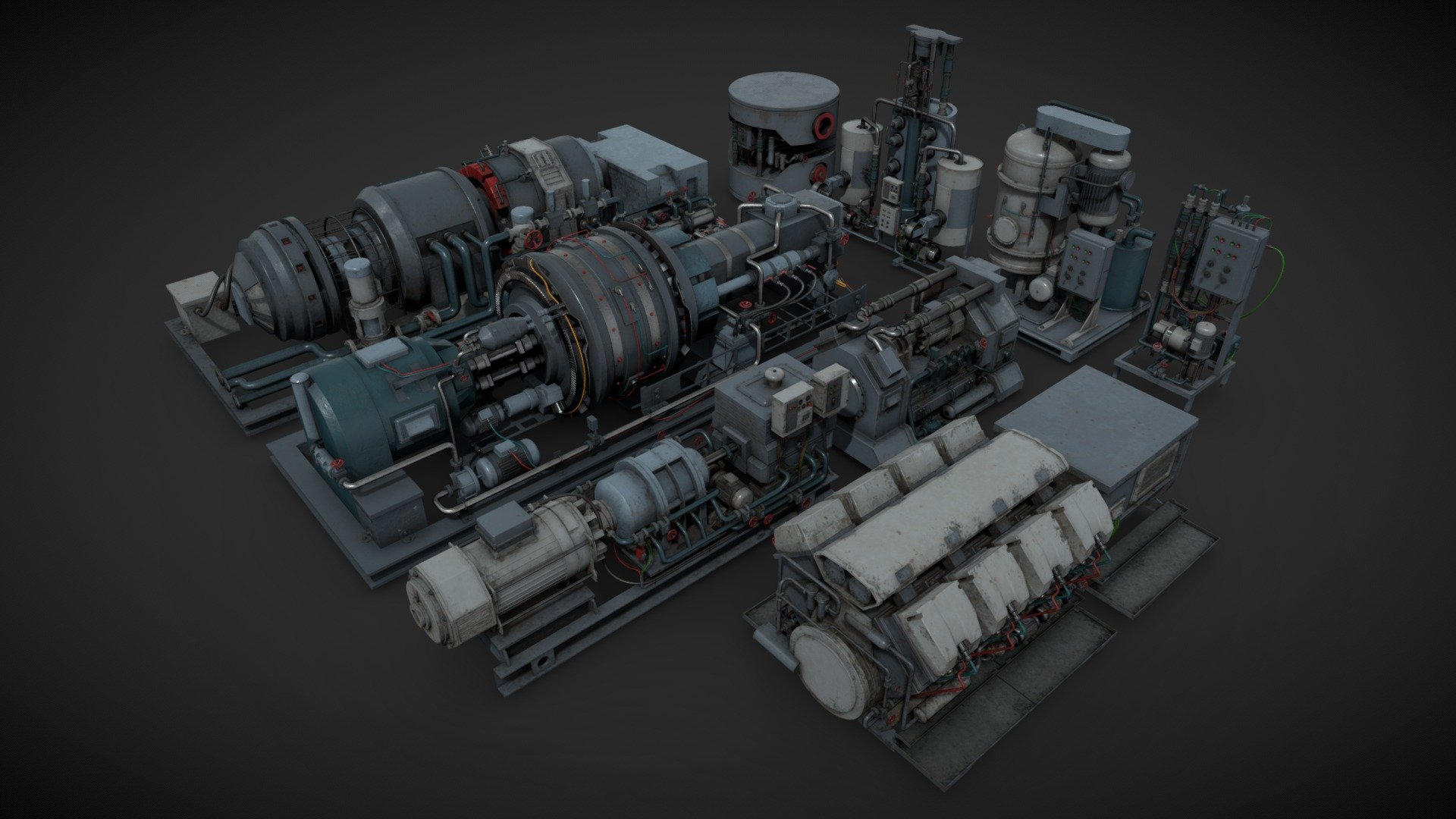 9 models of machinery devices for industrial visualizations 

Painted and heavy rusted PBR textures included 

Non overlapping UVs 3d model