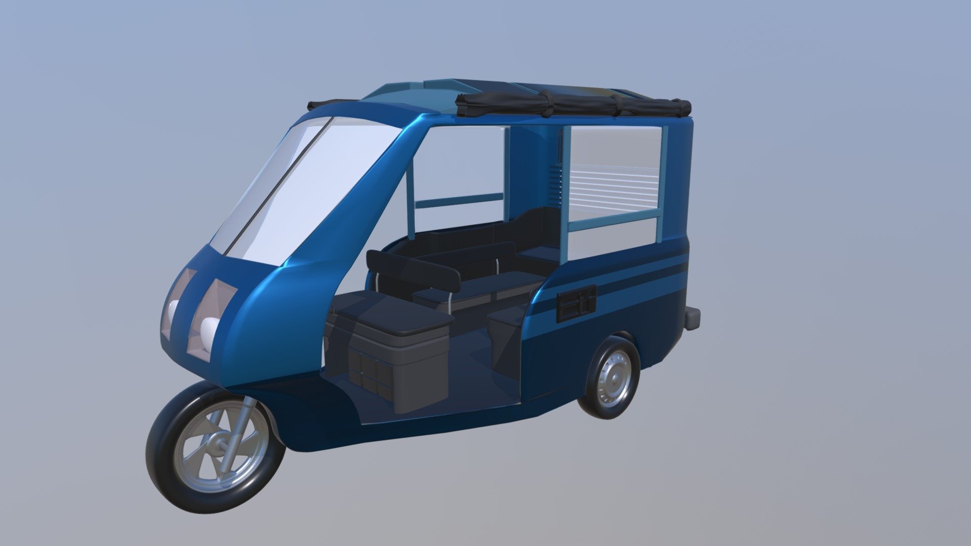 A rickshaw-type prototype model. It is low resolution and usable in product shot renders and in environment scenes. It could also serve as game props - Solar-Powered Rickshaw Prototype - 3D model by culerdamage (@oladoto) 3d model