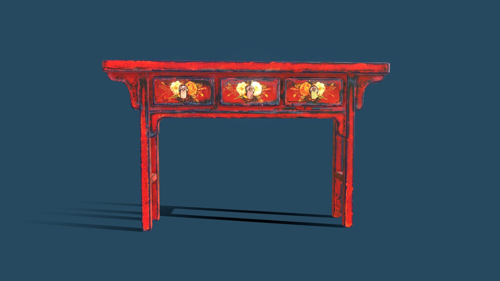 Red Chinese Console Table inspired by the traditional rustic Chinese furniture. The distressed look is created by applying multiple colour layers, hand painting over them with chalk brushes (as to simulate a real life chalk paint finish) and applying various visual generators. The flower motif is created from old vintage postcards featuring flowers. I cut various parts of, photo-bashed them together and left some rough edges on purpose to indicate that they, just like the paint on the piece, are old and used up. 

Dimensions: W:159 x D:32 x H:95 
Made in 3DS Max, ZBrush and textured in 2K in Substance Painter. Flowers are prepared in Photoshop 3d model