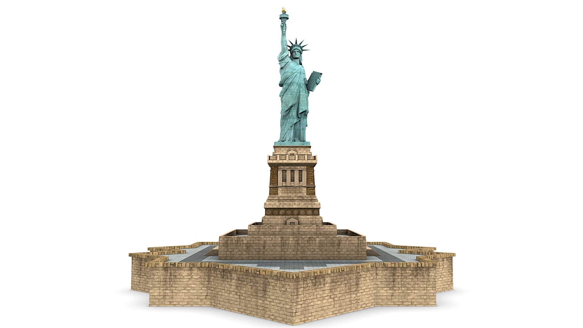 Game ready, realtime optimized Statue Of Liberty New York with high visual fidelity. Ideal as good quality background object for your NYC game scenes. Made to real world scale meters. Included files are flawless .max (native 3dsmax 2014) and .fbx, .obj, .3ds. Clean and smooth triangle based geometry with 9302 tris, no N-gons, no flipped or missing faces, no artifacts. Mesh has a 100% human-controlled triangulation and is ready for your game engine. 1 x unwrapped non-overlapping UV layout. There are no overlapped UVs per UV island and there are no missing textures, all are fully included, all texture sizes are power of 2, and are PBR specular workflow ready, created in native 4096 x 4096 px 3d model