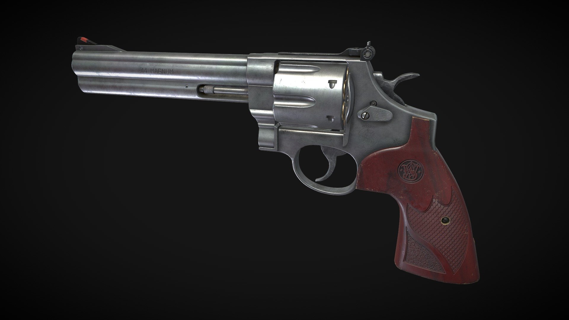 SnW M629 Deluxe revolver plus five different types of Magnum44 bullet. A remake of gaming lowpoly project based on my previous model.
Optimized the mesh, rearranged UV maps, repainted textures, and manually processed LODs.

Files Includes:
- Standard grouped base model (Maya MB + FBX file)
- Separated all LODs (Axis at 0, MB + FBX)
- UE project file (v 4.27.2), all LODs are integrated, and meshes are assembled inside a Blueprint
- PNG Textures

Mesh Info:
- The revolver: (LODs in Tris) LOD0 14929, LOD1 7198, LOD2 3909, LOD3 1780, and LOD4 891
- Single bullet component: around LOD0 450, LOD1 230, LOD2 100, LOD3 26
- Separate parts: MainFrame, Hammer, Trigger, Plungers, Cylinder, CylinderCrane, CylinderEjector, CylinderReleaser, CylinderPin, BulletFull, ShellFull, ShellSingledSided, BulletHead

Texture Info:
- 2 Material Sets, 4k for the revolver, 1k for the bullets
- Maps: BaseColor, Normal, RoughMetalAO(for UE), MatID(MaskedRGB), additional separated Roughness, Metallic, and AO - Smith & Wesson Model 629 Deluxe Magnum44 - Buy Royalty Free 3D model by Lyle (@lylecay) 3d model