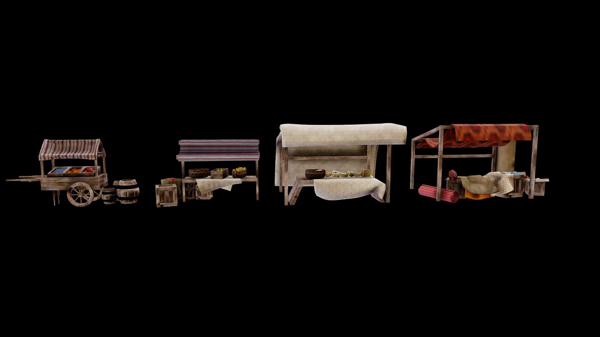 3D models of medieval-style market stands that are perfect for selling fruits, cheese, and carpets 3d model