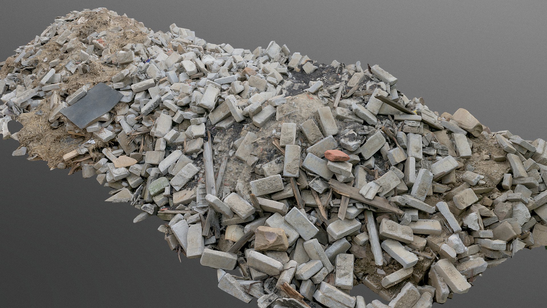 Building demolition demolished ruin White gray bricks, plasterboard and stones rubble debris pieces pile heap of scrap material with some dry grass hay

photogrammetry scan (140x36mp), 5x8k textures + HD normals - Ruined heap - Buy Royalty Free 3D model by matousekfoto 3d model