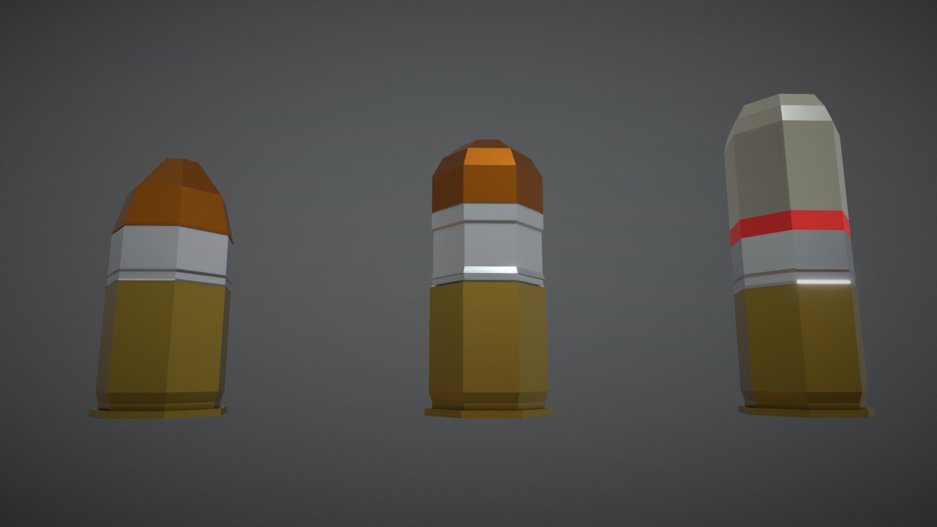 some low-poly 40mm rounds, including HE (High-Explosive), HEDP (High-Explosive Dual Purpose) and a CS Gas canister, each separated into a round and a casing, the casing being identical between all three.

detonation occurs by a button, positioned behind the thin aluminum head, lighting a fuse, thus it is armed at all times and explodes on contact with any targetno matter the distance or time from firing 3d model