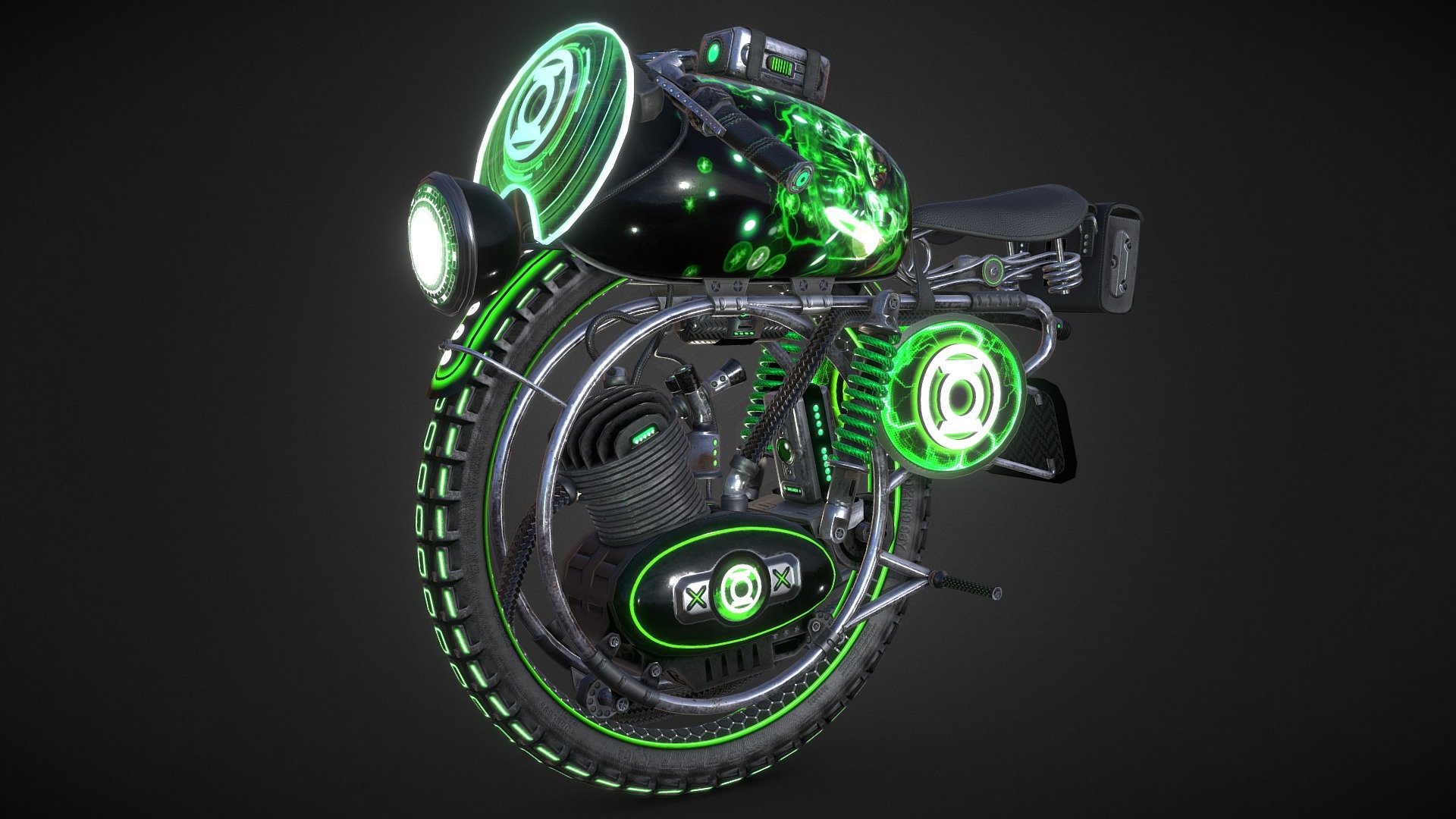 Here is my participation in the Texturing Challenge, I wanted to be original by making the green lantern bike, staying on black and neon green colors. I tried to put as many details as possible to have a realistic model. Hope you will like this textured model.

&gt; Willpower is the greatest energy there is in the universe.

&mdash;Xbp28&mdash;



Based on Monobike (UV Fix) by Warkarma, Monobike by romullus, and Motowheel by Costr (Viverna), licensed under CC-Attribution 3d model