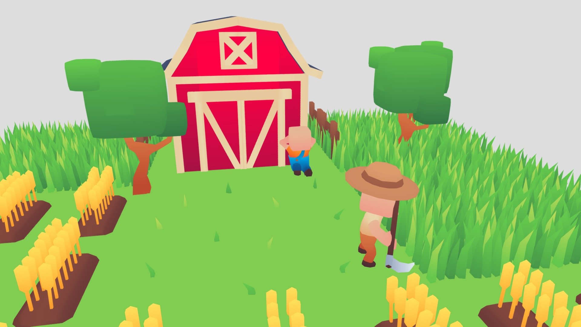 A farm biome with stylized lowpoly casual characters and environment. One texture atlas is used for all the models in the scene 3d model