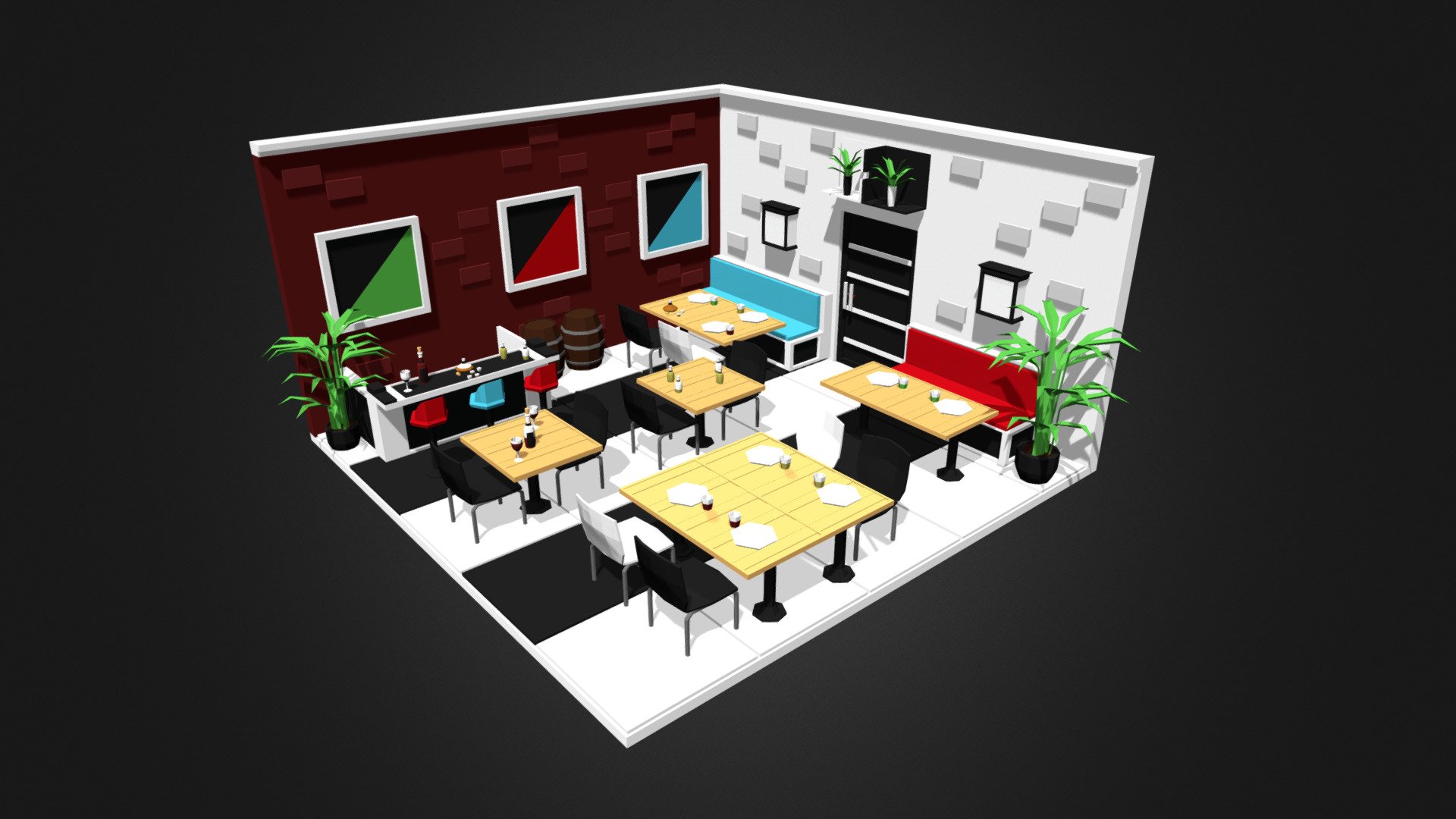 Complete low poly restaurant with counter, tables, chairs, potted plants, plates 3d model