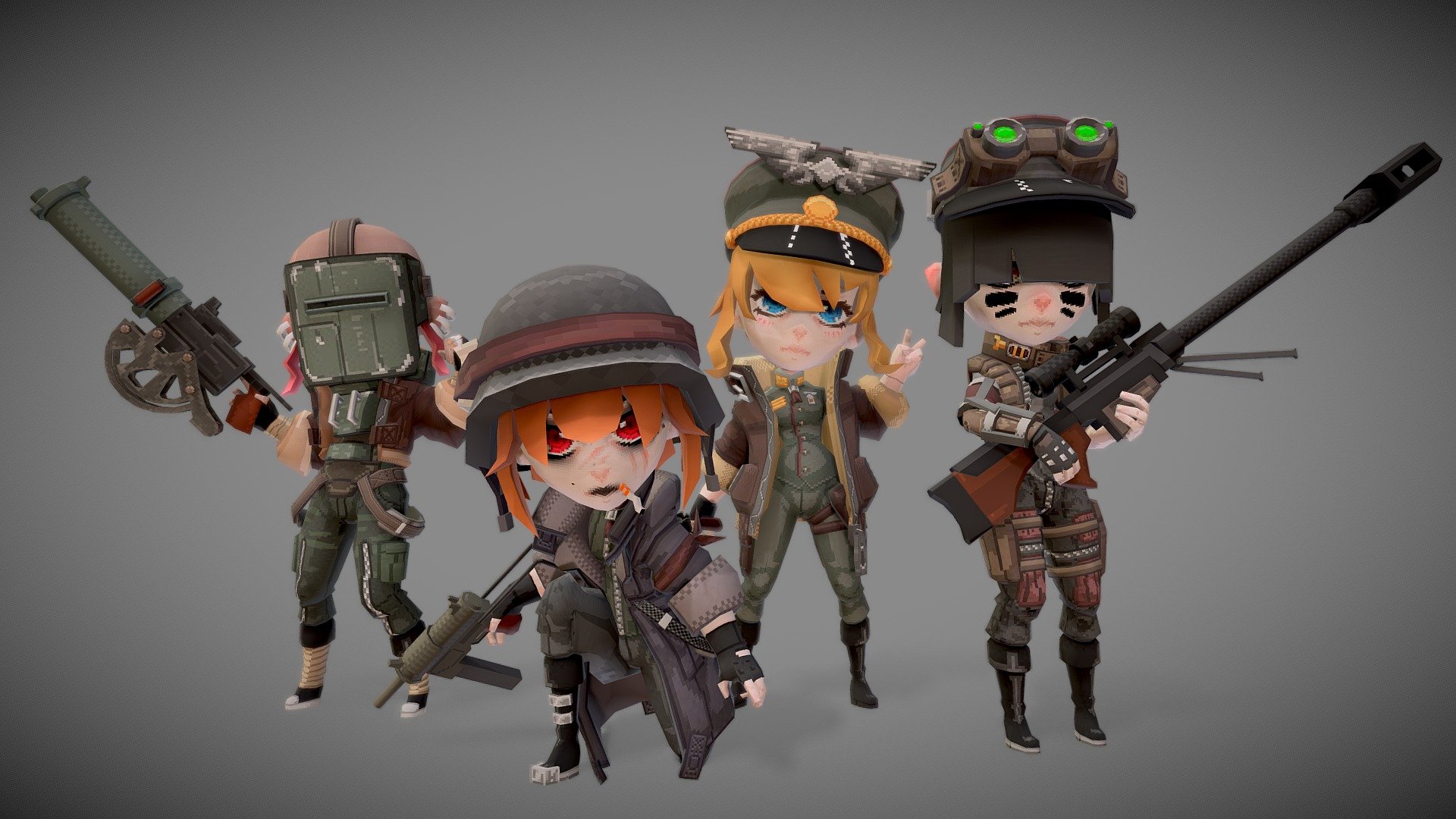 So, these were for a co-op game I was making that I never finished, I thought someone would be able to use them tho!
Four anime soldiers inspired by Tanya the Evil and similar media.

They average 4k tris each with removable jackets and helmets.
Textures are 256px, mostly used for the faces.
All of them use the same texture setup, so they should be fairly easy to customize.

Additional file contains the fully rigged characters and guns separately.
The rig is humanoid with some detail joints for hair, jackets and bicep muscle 3d model