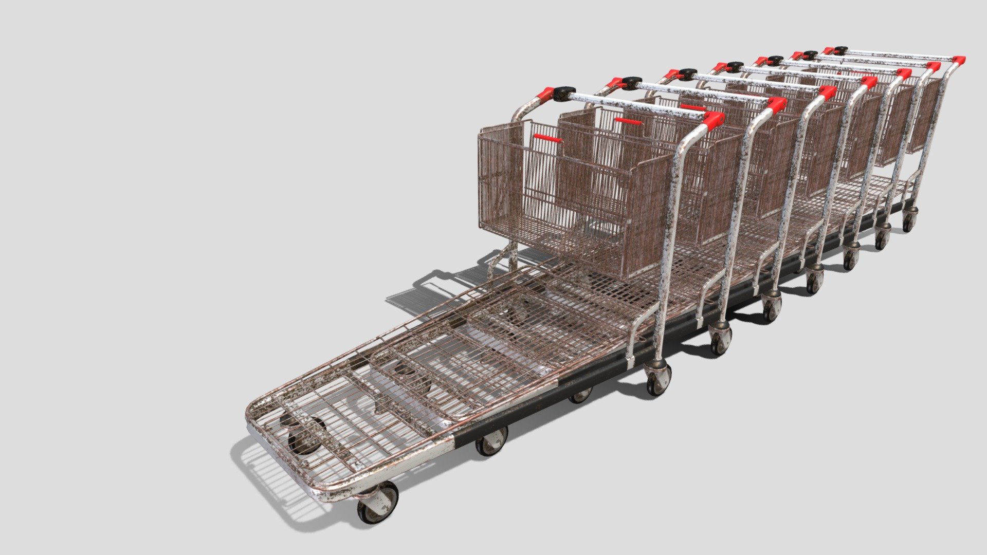 Shopping cart stack 3d model rendered with Cycles in Blender, as per seen on attached images. 
The model is scaled to real-life scale. Poly count is for one cart.

File formats:
-.blend, rendered with cycles, as seen in the images;
-.obj, with materials applied;
-.dae, with materials applied;
-.fbx, with material slots applied;
-.stl;

Three sets of files are provided, one with the basket open and one with it closed, and one with the stack.
Files come named appropriately and split by file format.

3D Software:
The 3D model was originally created in Blender 2.8 and rendered with Cycles.

Materials and textures:
PBR material is being used, consisting of five 4k image textures (Base/Disp/Metallic/Normal/Roughness). 
Certain 3d softwares can possibly need texture re-assigning in order to get the proper material effect.

e the exact result as seen in previews 3d model