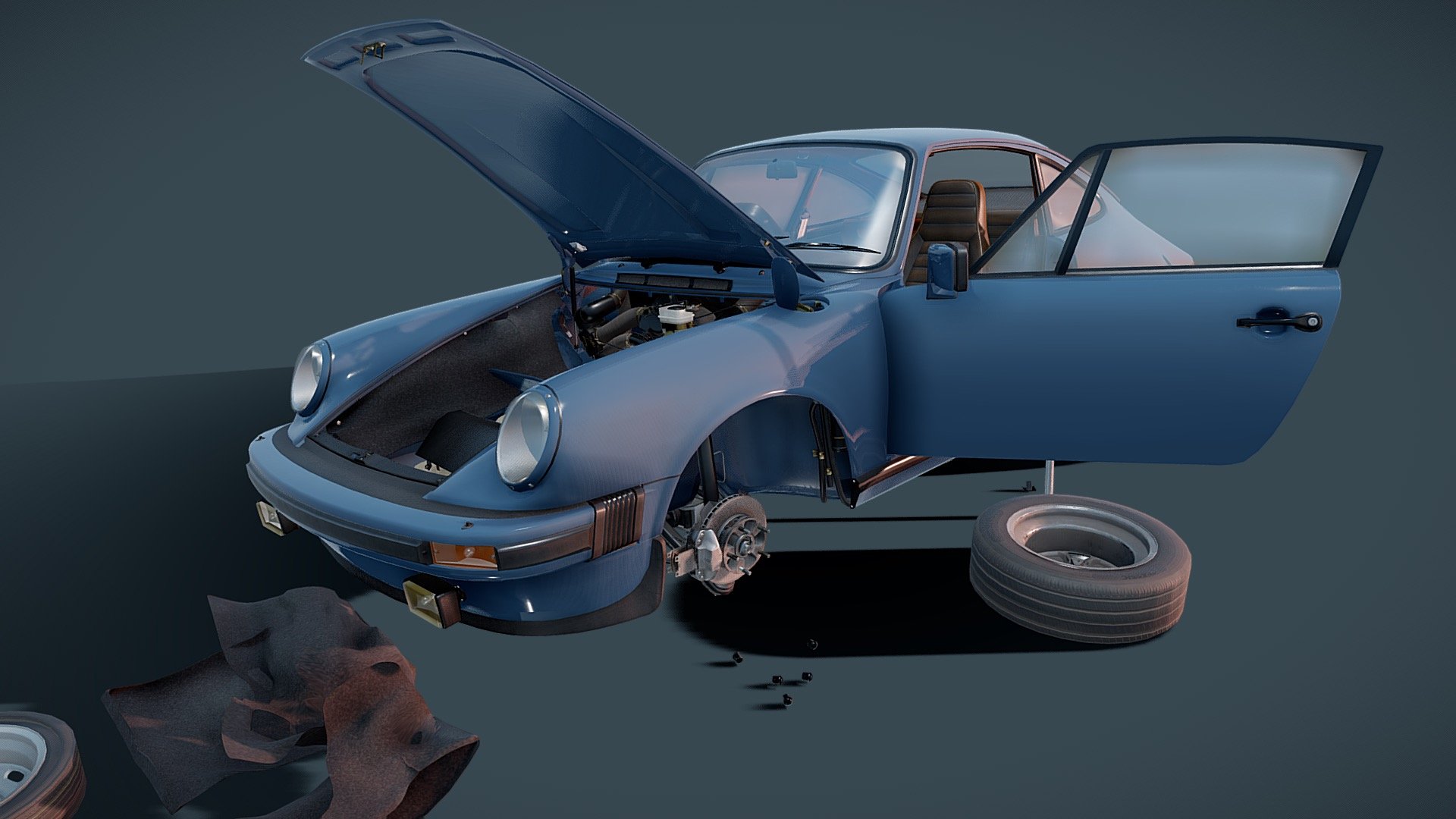 This is my contribution to the digital car creation. It started as a simple model but adding more and more detail led it to the current state. The demo animation should give you some ideas what's inside the package but it doesn't include everything.

I wasn't able to optimize it for sketchfab without loosing too much quality (normally I'd hide parts of the model) so it'll take a bit to load the textures and unfortunately (also for me) some of you (with slower GPUs) will struggle a bit to see the content - in that case, please pause the animation.

It's a complete model of the 911SC from &lsquo;83. It's completely unwrapped, with painted textures and rigged. The rig is of course made for this animation but I'll attach a different one suitable for Unreal Engine.

Hope you'll like it 3d model
