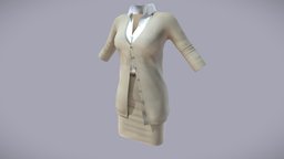 Female Business Cardigan Outfit short, white, shirt, front, fashion, girls, clothes, closed, skirt, dress, womens, elegant, beige, wear, secretary, buttoned, cardigan, attire, conservative, pbr, low, poly, female, modest, businees