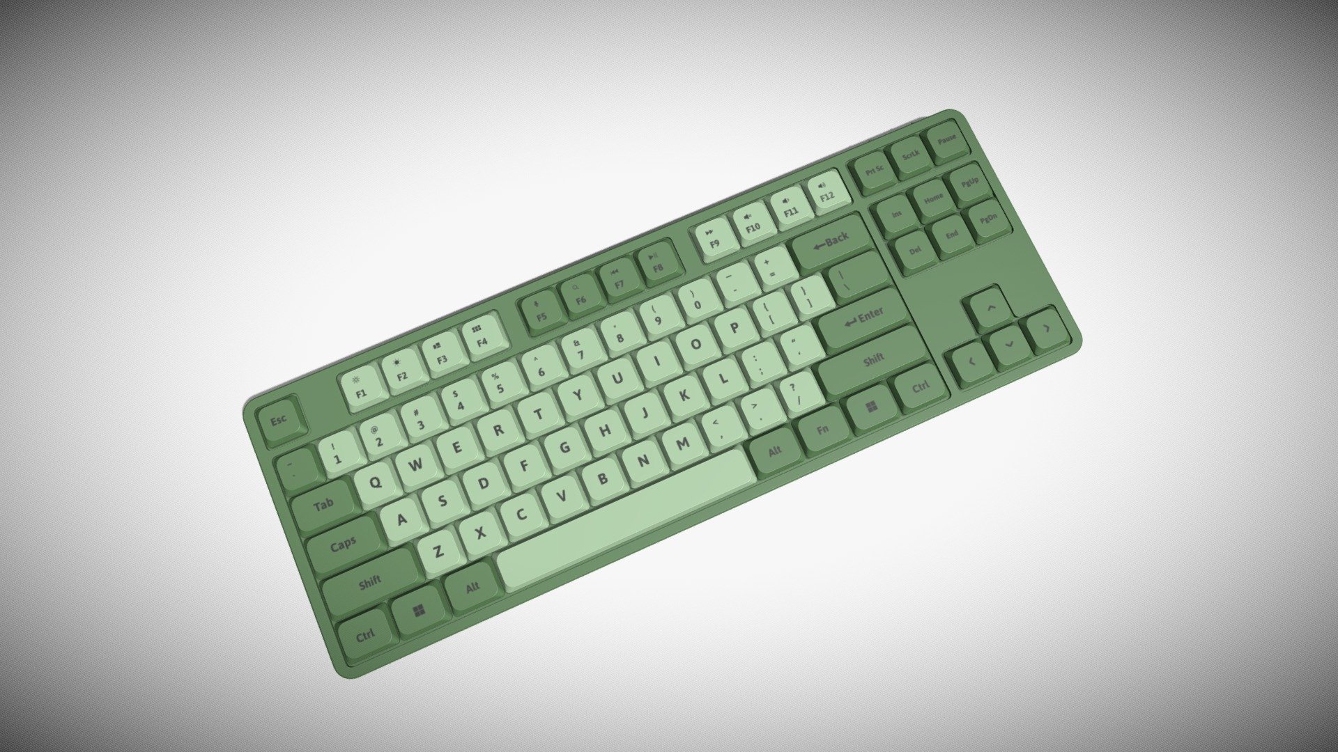 Detailed model of a green Tenkeyless Keyboard, modeled in Cinema 4D.The model was created using approximate real world dimensions.

The model has 55,979 polys and 56,110 vertices.

An additional file has been provided containing the original Cinema 4D project files with both standard and v-ray materials, textures and other 3d export files such as 3ds, fbx and obj 3d model
