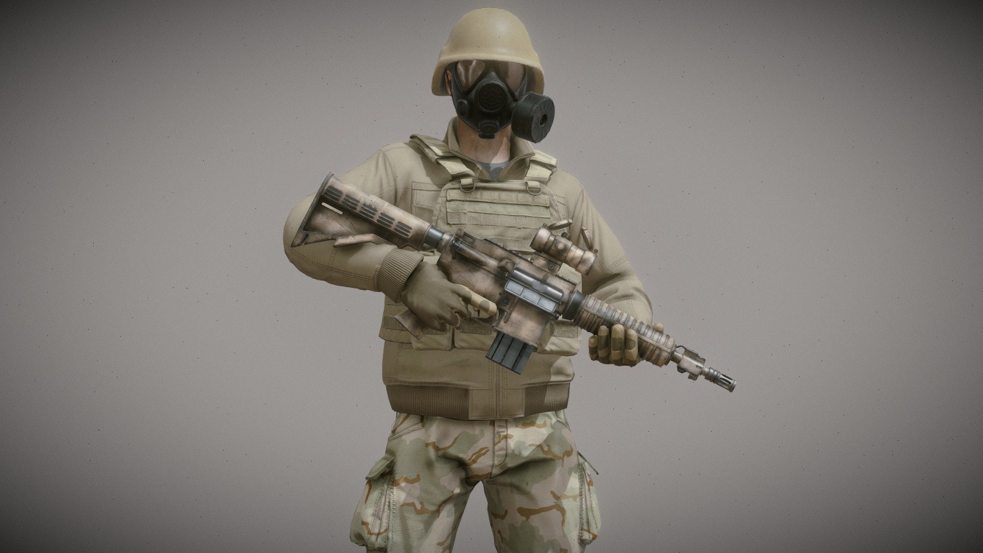 Includes Multicam and Black Textures.

Soldier in modern combat uniform with gas mask and plate carrier.

Separate materials for body, headear, gun and scope.

4k PBR textures for headgear, body and gun. 1k for the scope.


For creation of this character I used and edited few of the assets available on Sketchfab.


List of assets:

Pants by Dubel https://skfb.ly/oBOyJ

Jacket by Nick Scott https://skfb.ly/6YRSE

Vest by csheffield https://skfb.ly/6WSMT

Boot by hippieandcorporate https://skfb.ly/6UvoD

Gloves by rubiez https://skfb.ly/6wZZ9
 - Modern Soldier - Buy Royalty Free 3D model by Mateusz Woliński (@jeandiz) 3d model