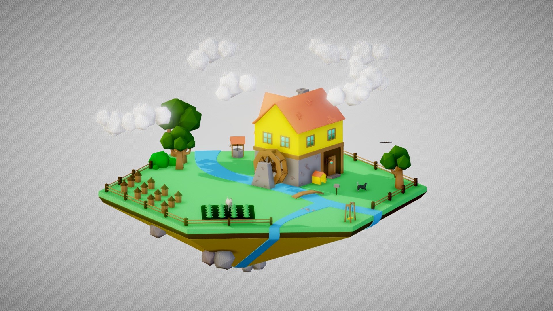 Farm on a flying island 3d model