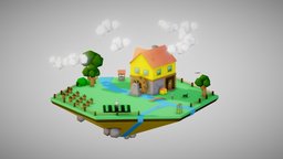 Farm island tree, goat, dog, eagle, river, island, house, animation