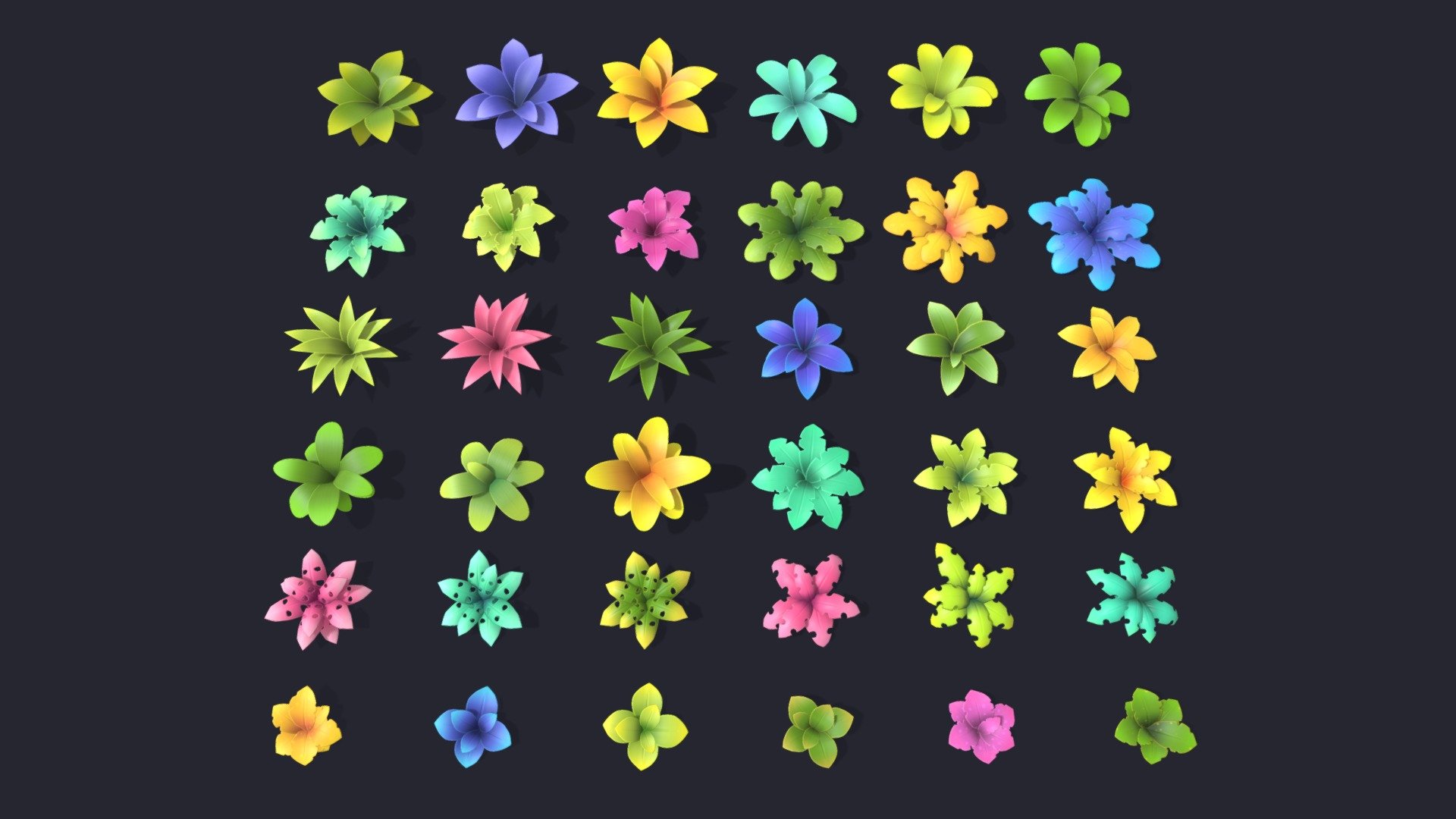 Stylized Plants Pack (lowpoly)

This pack contains:




12 types of plants

36 individual colors




game ready lowpoly asset

fully triangulated

all objects and textures named appropriately

textures size: 2048x2048

textures format: PNG

Textures : 4 (diffuse, normal, roughness, opacity)

Material : 1

Hope that you will like it :) - Stylized Plants (Pack) - Buy Royalty Free 3D model by NianaRona 3d model