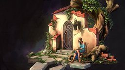 Trapped (animated) tree, wooden, stairs, wagon, cart, painting, cycle, night, day, tiles, foliage, diorama, woman, nature, artist, archway, brickwall, willow, atmospheric, willowtree, saturated, handpainted, girl, blender3d, stone, animation, fantasy, magic