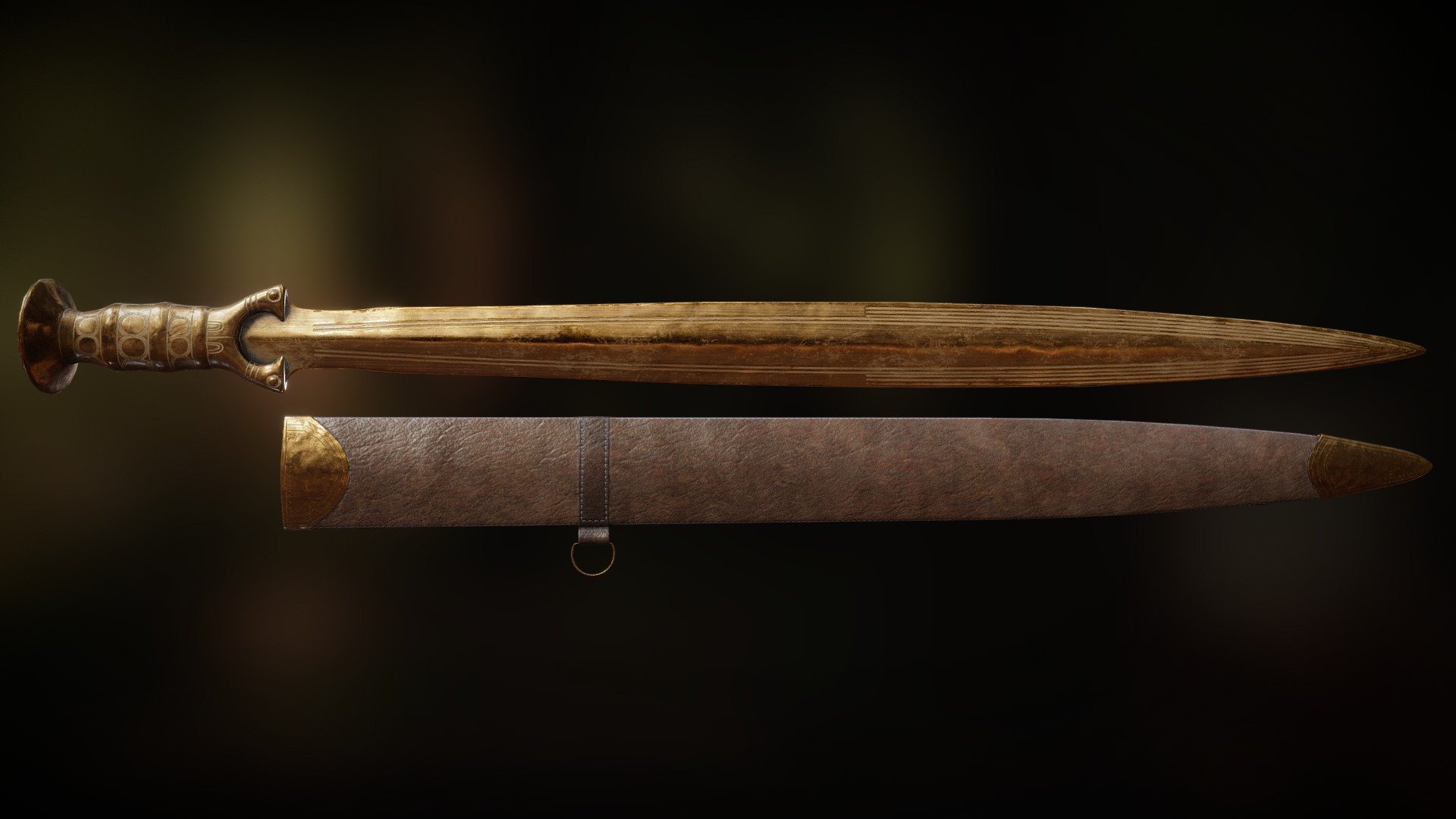 Northern European bronze sword from the 15th century BCE. Based on this sword from the Oakeshott Collection: https://sketchfab.com/3d-models/bronze-age-sword-7c0316ffbfd34c2393fbb4e7663e11aa - Bronze Age Sword and Scabbard - Buy Royalty Free 3D model by Joseph Gush (@joe.gush_3d) 3d model