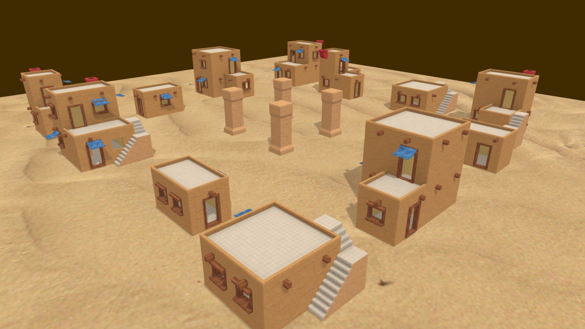 a low poly desert village, with inside and outside stairs, suitable for games 3d model