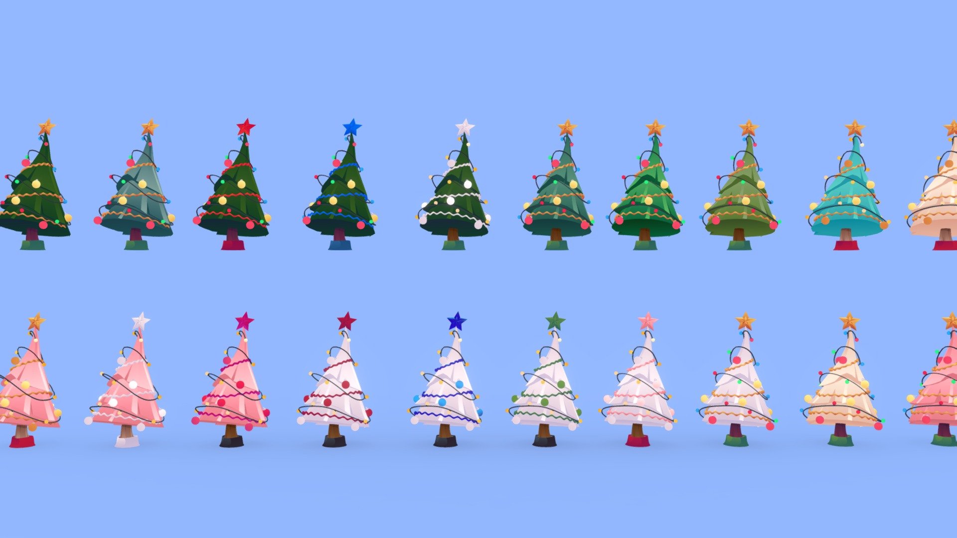 🎅🎄 Happy holidays! 🎄🎅

Spice up your christmas special in your game with this cute 20 christmas trees, use it in your render scenes and games.
Textured with gradient atlas, so it is performant for mobile games and video games.

Like a few of my other assets in the same style, it uses a single texture diffuse map and is mapped using only color gradients. All gradient textures can be extended and combined to a large atlas.

There are more assets in this style to add to your game scene or environment. Check out my sale.

If you want to change the colors of the assets, you just need to move the UVs on the atlas to a different gradient. Or contact me for changes, for a small fee.

-------------Terms of Use--------------

Commercial use of the assets provided is permitted but cannot be included in an asset pack or sold at any sort of asset/resource marketplace 3d model