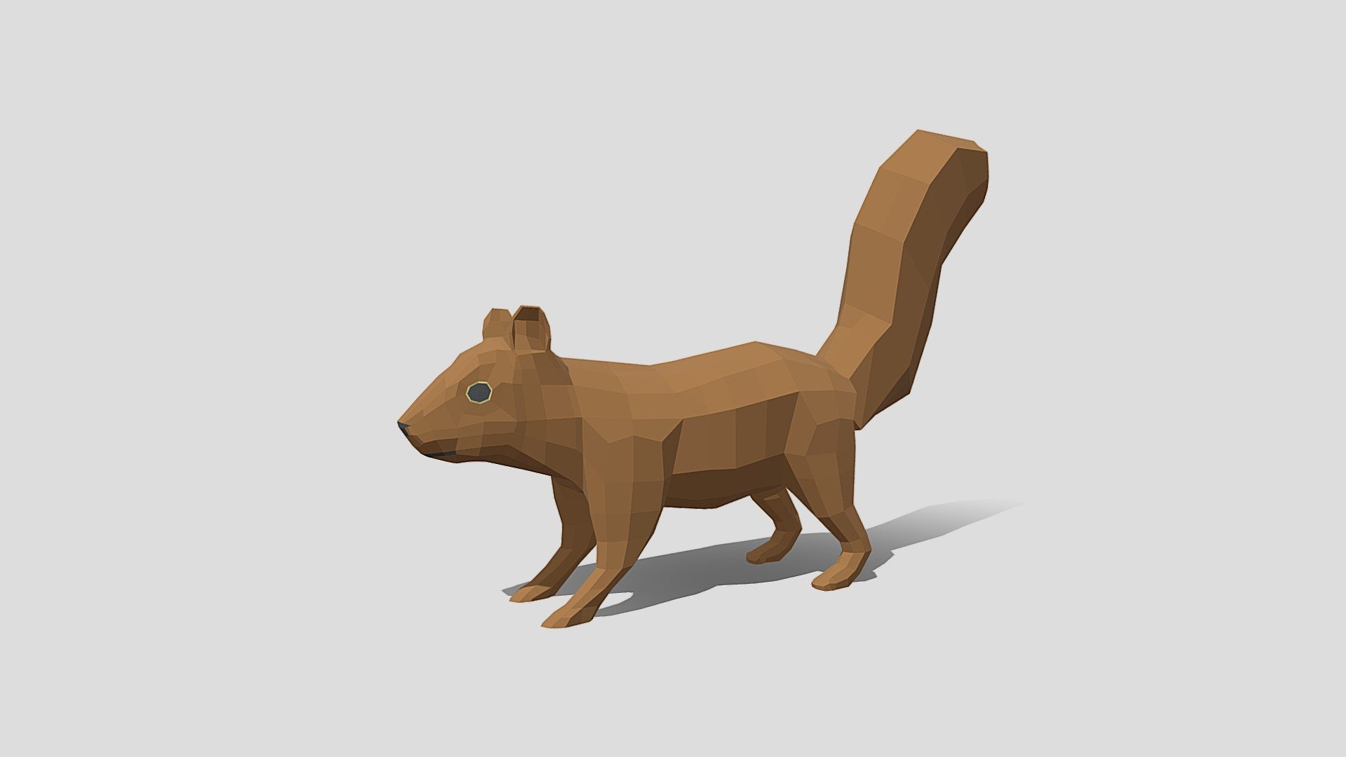This is a low poly 3d model of a squirrel. The low poly squirrel was modelled and prepared for low-poly style renderings, background, general CG visualization.

The 3d squirrel model is presented as a mesh with quads only.

Verts : 820 Faces: 818

Simple diffuse colors.

No ring, maps and no UVW mapping is available.

The original file was created in blender. You will receive a 3DS, OBJ, FBX, blend, DAE, Stl.

All preview images were rendered with Blender Cycles. Product is ready to render out-of-the-box. Please note that the lights, cameras, and background is only included in the .blend file. The model is clean and alone in the other provided files, centred at origin and has real-world scale 3d model