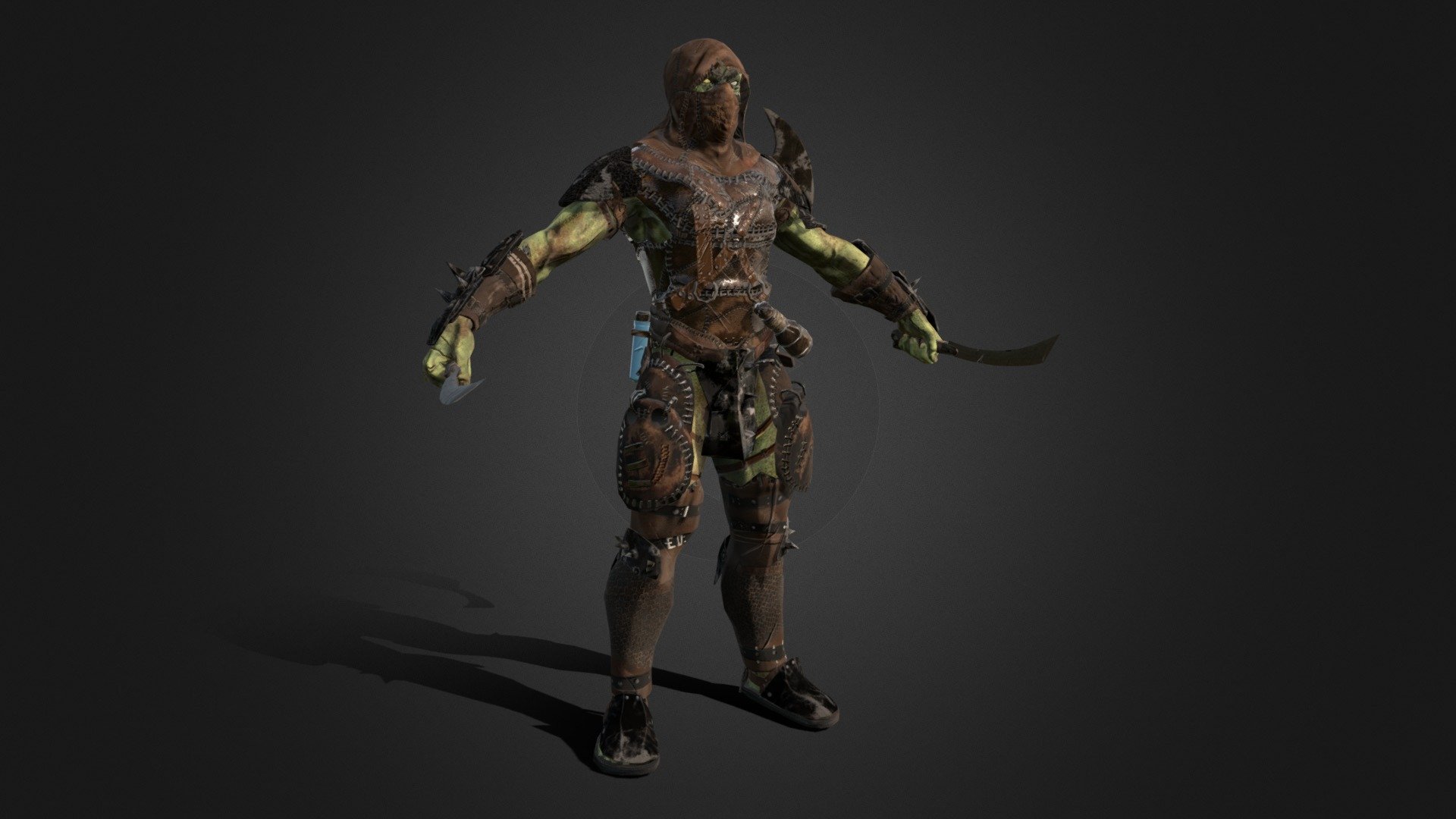 Low-poly model of the character Orc killer
Suitable for games of different genre: RPG, strategy, first-person shooter, etc.
In the archive, the basic mesh (fbh and maya)

Textures of different parts of armor 2048x2048
Weapon 2048x2048
Body 4096x4096
If desired, the texture can be compressed to 1024x1024 without much loss of quality

In the model it is desirable to use a shader with a two-sided display of polygons.

The model contains 50 animations
atack (x26)
walking (x3)
running (x3)
quiet step (x4)
Straight (x2)
bounce
idle (x5)
death (x4)
dodge
getting hit
steps backwards
steps bent down

faces 10567
verts 13087
tris 21115 - Orc assasin - Buy Royalty Free 3D model by dremorn 3d model