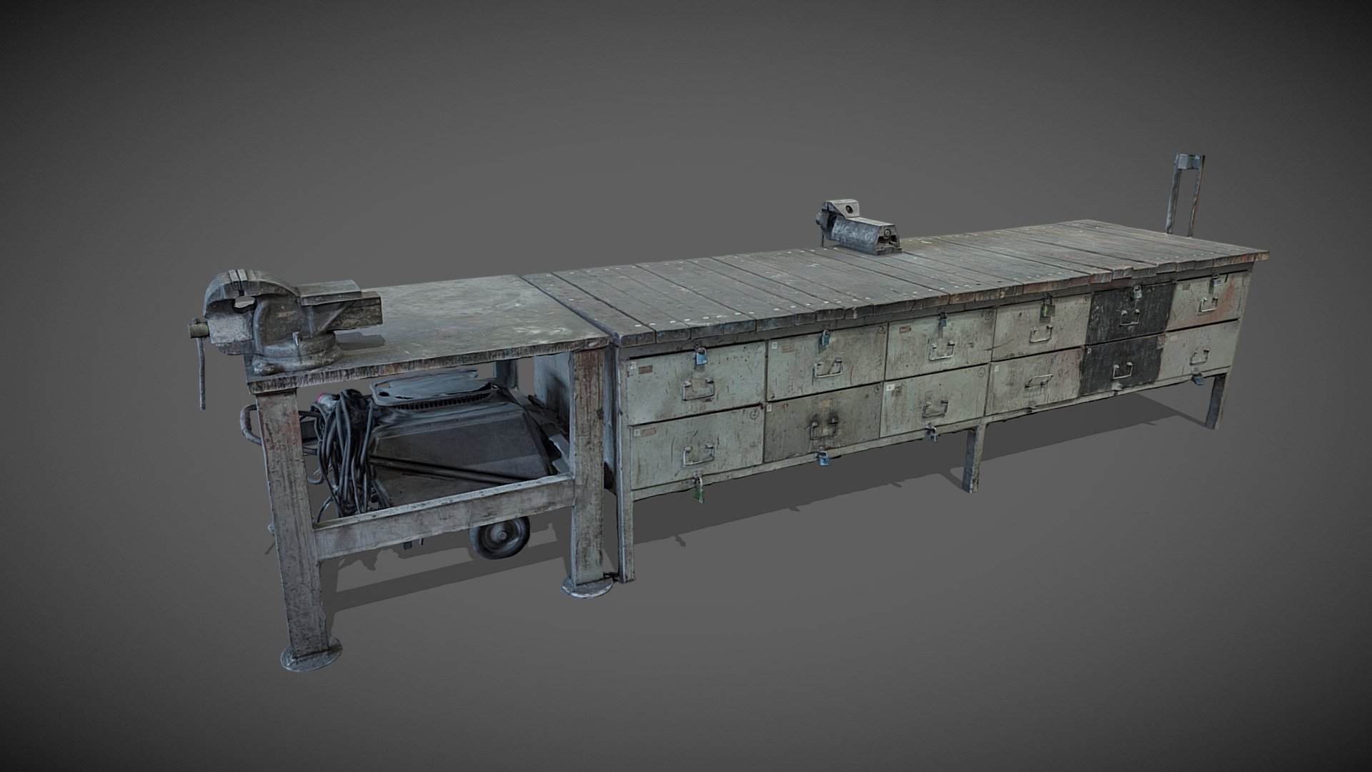 3D scan of a large old used dirty rusty metal workbench with several drawers with padlocks. Top side made of weared wooden boards. Two different workshop vises attached to the top. One larger welding machine hidden under the table.

Reconstructed from 342 36mpx images.

8K texture and normal - Workbench / work table - Buy Royalty Free 3D model by Goromor (@gorllu) 3d model