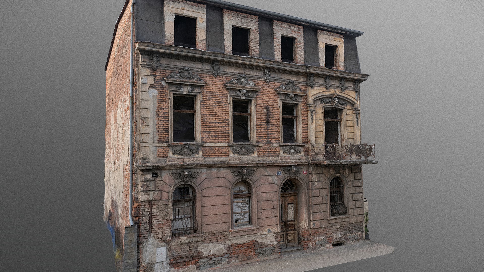 Historic old Early 20th century cupid decorated brick ruined derelict abandoned apartment house building facade scene 3D model - Pekařská 11 street

photogrammetry scan (350x36MP), 5x8K texture +HD normals (as additional .zip) - contact me for source photos or re-exports

impossible to get proper shot from back sadly - Decorated house ruin - Buy Royalty Free 3D model by matousekfoto 3d model