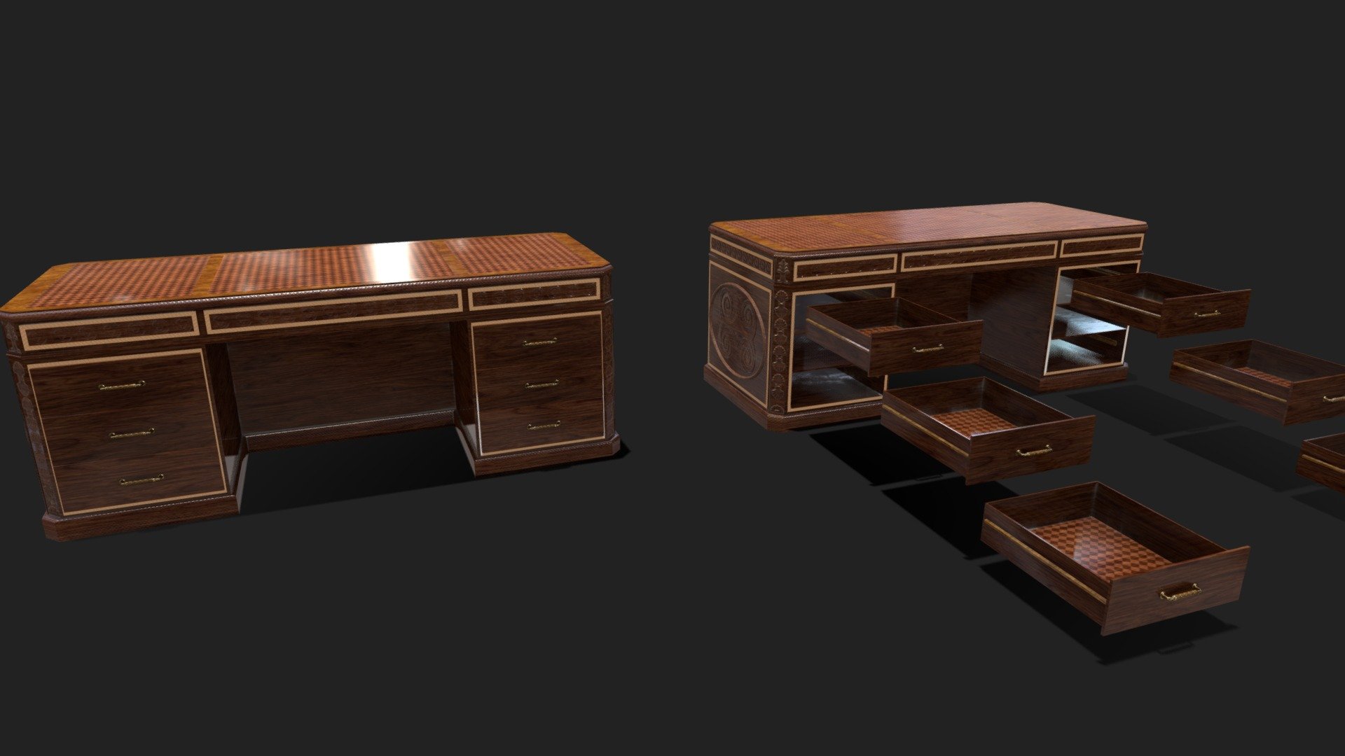 An luxury office desk. The drawers are separated from the desk and openable. It has 2 materials.

2048x2048 textures packs (PBR Metal Rough, Unity HDRP, Unity Standard Metallic and UE4):

PBR Metal Rough- BaseColor, AO, Height, Normal, Roughness and Metallic;

Unity HDRP: BaseColor, MaskMap, Normal;

Unity Standard Metallic: AlbedoTransparency, MetallicSmoothness, Normal;

Unreal Engine 4: BaseColor, Normal, OcclusionRoughnessMetallic;

The package also has the .fbx, .obj, .stl, .dae and .blend file 3d model