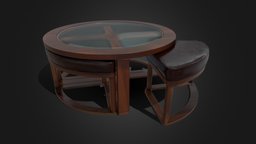 COFFEE TABLE WITH NESTING STOOLS furniture, coffeetable, round-table, lowpoly, gameasset, gameready