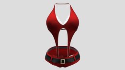 Female Red Swimsuit With Belt mini, neck, red, trim, shorts, top, dance, with, party, belt, lace, outfit, swimsuit, wear, halter, pbr, low, poly, female