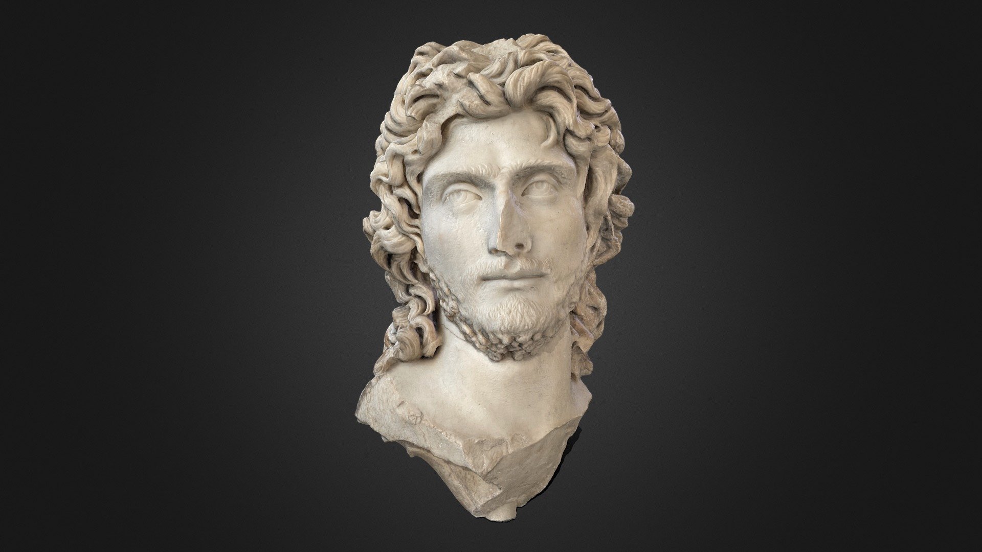 Inventory number: EAΜ 419

Roman Period

2nd cent. AD

It was found in the Theatre of Dionysos in 1870 or 1876. At the back, the biggest part of his hair has been restored.

It depicts a young man with idealised features, rich and unruly hair which fall on the shoulders, and a short beard. His head emerges out of a flower's calyx as the two acanthus leaves still preserved on his nape show. The flower as a symbol of eternity and rebirth indicates that the man had died by the time that his portrait was made.

Who the depicted person is remains unknown. Perhaps he was a philhellene ruler or the descendant of a royal family who had more of a spiritual than political connection to Athens. Some researchers identify him with Sauromates II, king of the Cimmerian Bosporus, others with Rhoemetalkes whereas there are scholars who think it is Herodes Atticus or the emperor Gallienus.

Information from: https://www.theacropolismuseum.gr/en/bust-ruler

3D model: Aleix Barberà Giné from 64 photos with an iphone 12 pro - Bust of a ruler, Acropolis Museum - 3D model by Resguard 3d model