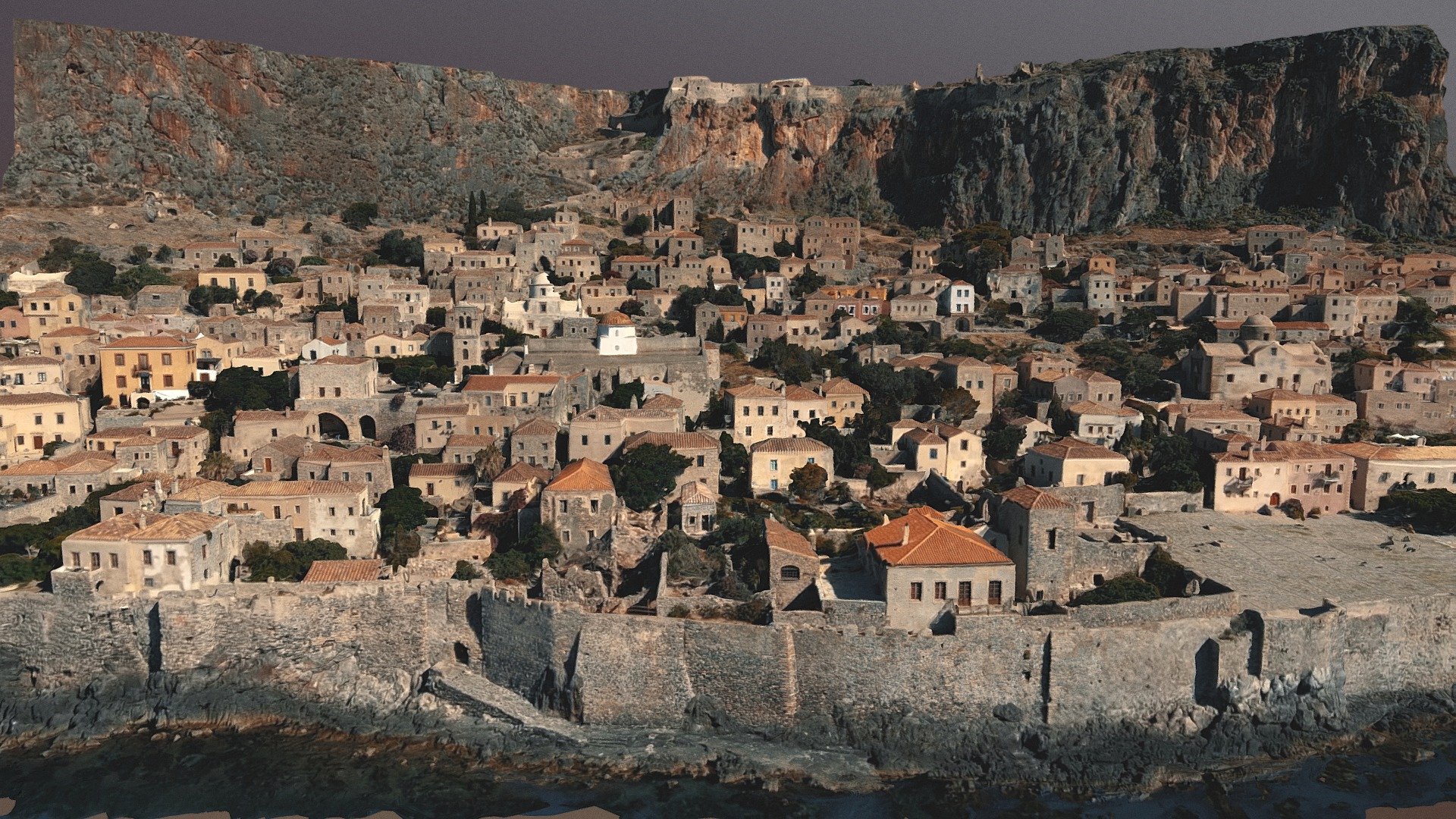 *Monemvasia (Greek: Μονεμβασιά, Μονεμβασία, or Μονεμβάσια) is a town and municipality in Laconia, Greece. The town is located on a small island off the east coast of the Peloponnese, surrounded by the Myrtoan Sea. The island is connected to the mainland by a short causeway 200 metres (660 ft) in length. Its area consists mostly of a large plateau some 100 m (330 ft) above sea level, up to 300 m (980 ft) wide and 1 kilometre (0.62 mi) long. Founded in the sixth century, and thus one of the oldest continually-inhabited fortified towns in Europe, the town is the site of a once-powerful medieval fortress, and was at one point one of the most important commercial centres in the Eastern Mediterranean. The town's walls and many Byzantine churches remain as testaments to the town's history. * [wiki] 
Historical Mediterranean Sea Greece Greek Italian town village countryside scene background

Experimental, reconstructed from various 4K drone footage only - Monemvasia town scene - Download Free 3D model by FUD-UJEP 3d model
