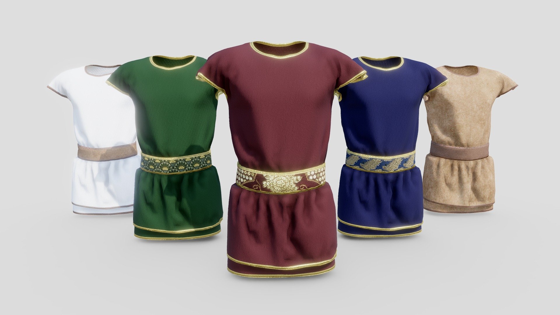 Check out my website for more products and better deals! 👉 SM5 by Heledahn 👈

This is a digital 3D model of a Medieval-Fantasy tunic, inspired by the style of Ancient Rome. The tunic comes in five colors (Suede, White, Red, Green, Blue), and can be further customized by choosing a custom color, or mixing colors and swapping the belts, allowing for an incredible amount of variants.

🔥 Swap colors and belts to achieve dozens of different tunics.

🔹You can also choose any custom color!

This product will achieve realistic results in your rendering projects, being greatly suited for close-ups due to their high quality topology and PBR shading.

 - Medieval Short Tunic (Ancient Rome Inspired) - Buy Royalty Free 3D model by SM5 by Heledahn (@heledahn) 3d model
