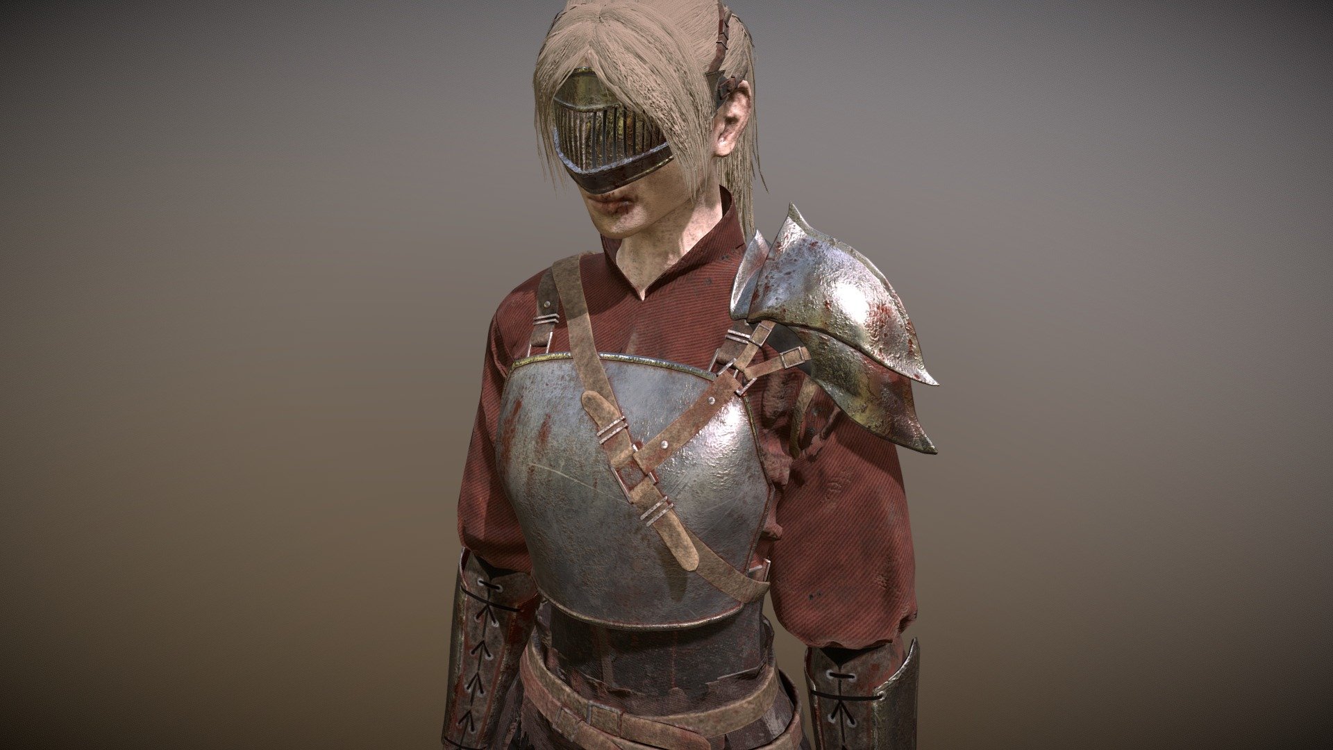 This character model was part of a game project for my final course this spring. This character was the main character in our game “Jeniah”, and she was the one the players played as. Our game project was very inspired by Souls-games like Dark Souls and a little bit of Bloodborne, and so I did my best to try and get the rigth “feeling” for the characters.

For this one I had a sketched concept art of the upper-half of the body made by one of my teammates, but I had to edit the shoulderpads to fit the game more, so the ones in this final model are edited. The rest I came up with on my own. I had four days to make this character as well.

Base body modeled in Zbrush. Cloth in Marvelous Designer, armour, hairplanes, and retopologization in Maya. Textured in Substance Painter. For the hairplanes, I rendered the textures from creating hair clumps in XGen and then using XNormals to get the different textures 3d model