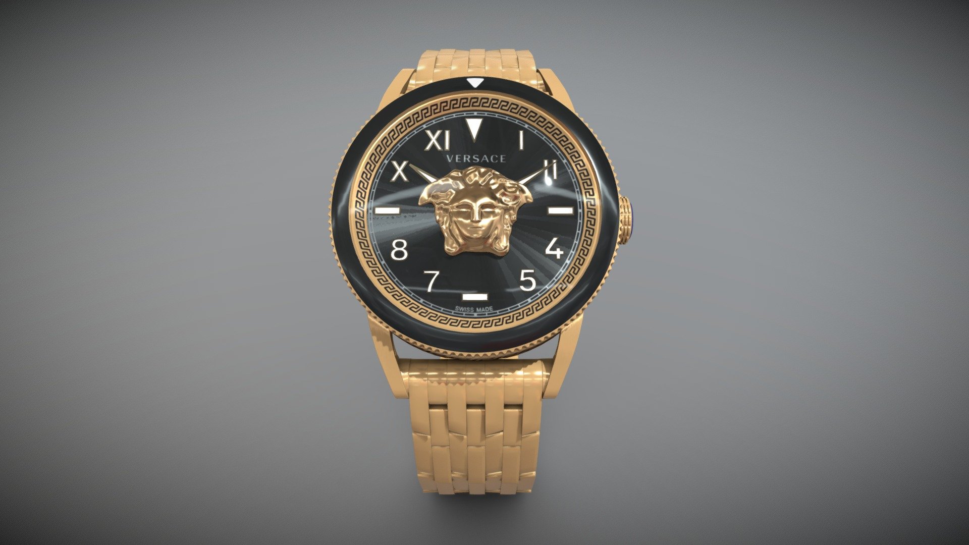 The Versace Palazzo Ve2V00322 watch is made up of a golden envelope and stainless steel bracelet, a black shield, a sapphire slide, and a black bezel. The model operates using a quartz mechanism 3d model