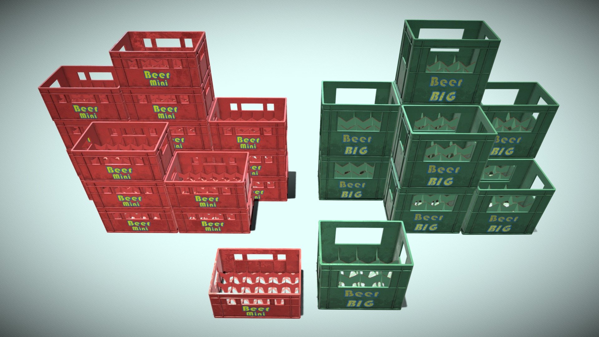 Mini and big beer crates. Models with few polygons, size 1024 textures. The bottle dividers are small planes with 128X128 transparent texture, for better performance. In an additional download, more Skins without letters, to be able to put your brand on. Two groups of already stowed grids to use easily. In addition, download more types of formats in DAE, FBX, OBJ 3d model