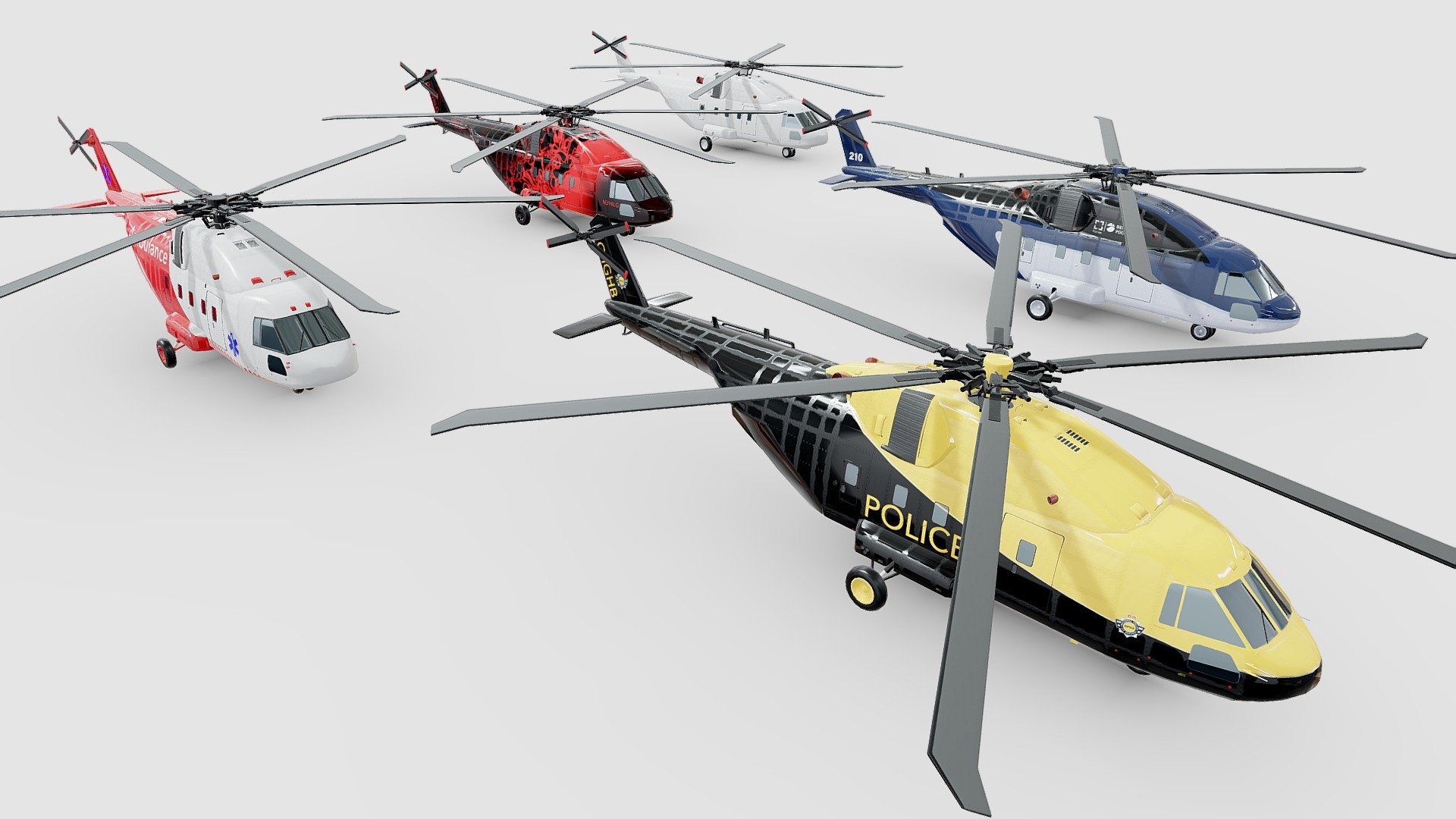 I created an asset of helicopters of different specifications:
Basic,
Medical,
Police,
Civil (Red-Black),
Civil (Blue-White) - Helicopter asset Low-poly - Buy Royalty Free 3D model by IgYerm (@IgorYerm) 3d model