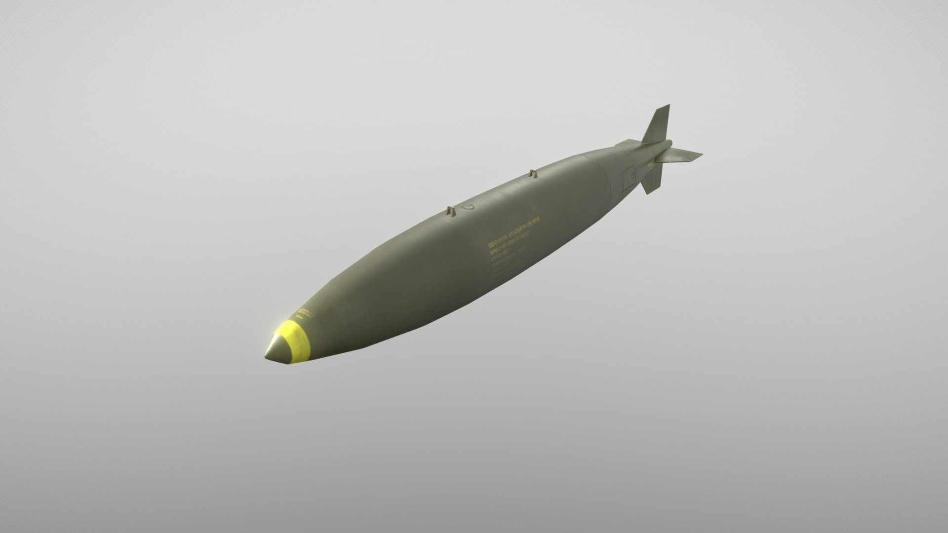 =&gt;Model is in .blend, .fbx, .obj.

=&gt;Mesh has fully unwrapped UVs.

=&gt;1024x1024 .png textures.

=&gt;Includes BaseColor, Metallic, Roughness and Normal textures.

The Mark 84 or BLU-117[2] is an American general-purpose bomb. It is the largest of the Mark 80 series of weapons. Entering service during the Vietnam War, it became a commonly used US heavy unguided bomb (due to the amount of high-explosive content packed inside) to be dropped. At the time, it was the third largest bomb by weight in the US inventory behind the 15,000-pound (6,800 kg) BLU-82 &ldquo;Daisy Cutter
