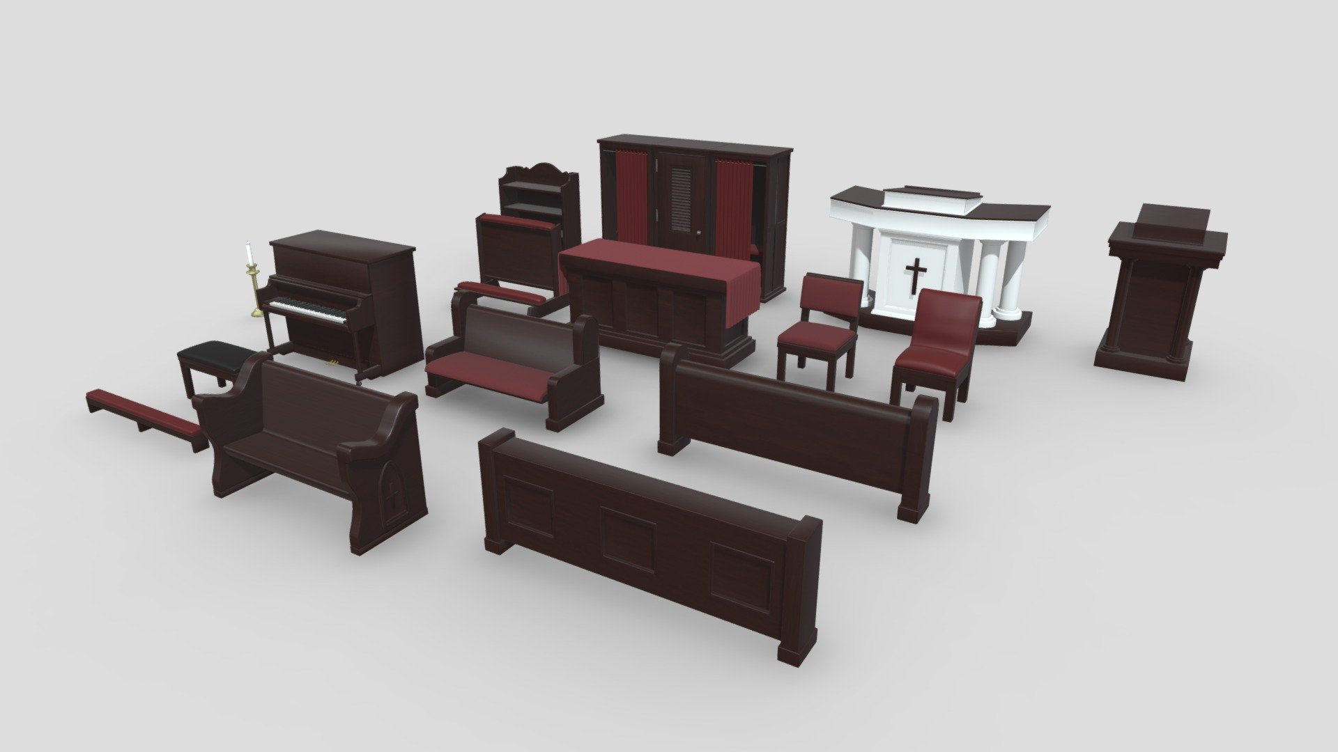 Church Asset Collection that was created using Blender. This is the third version of my Church Furniture Collection and includes some new models as well as remakes of some of the more popular models in previous versions. New models have better topology, materials, and textures.

Features:




Objects use the metalness workflow and PBR textures in PNG format

Collection includes 16 models

Each object has been manually unwrapped to match their PBR textures

Blend files are included for each model in the set with pre-applied textures

Models have been exported in 3 file formats (FBX, OBJ, DAE/Collada)

Models have been exported as separate files as well as a set

Included Textures:




AO, Diffuse, Roughness, Gloss, Metallic, Normal

UVLayout

The source file that is uploaded is for demonstration use and is uploaded in FBX format. In the additional file you will find all model exports and the textures that go along with them 3d model