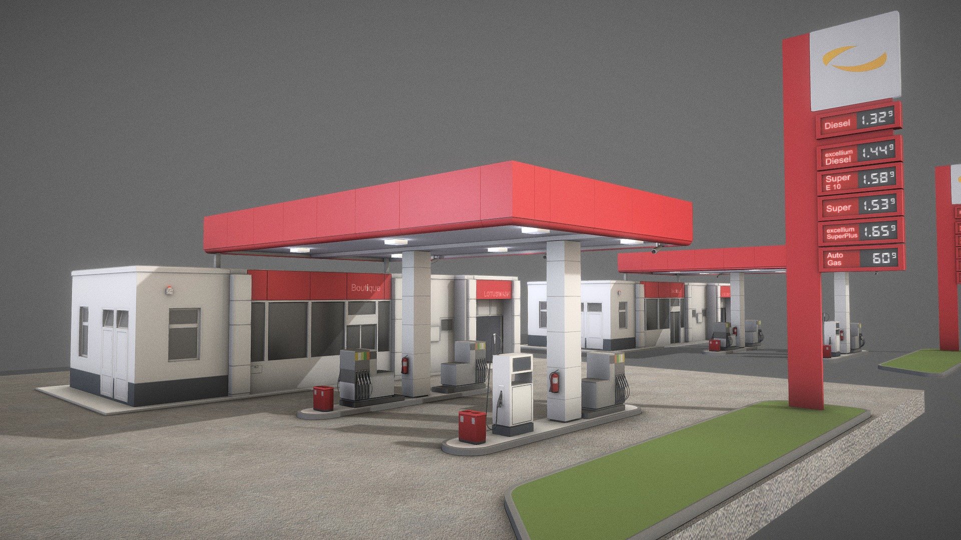 Here is the remastered version of gas station type-1.
The old version has 57 materials and the new version has only 2 materials :)
I baked everything on two texture-sets, one for the gas station and one for the ground.
Also I removed some unimportant objects.





Demo-Video (Blender-2.91)




Old Version (4 years ago)



Downloadable Parts:




Gas_Station_Type_1 

16.460m x 17.838m x 5.524m

Polygons = 13781






Gas_Station_Type_1_All 

23.499m x 27.224m x 10.704m

Polygons = 20779






Gas_Station_Type_1_Price_Display_Board 

13.621m x 3.585m x 10.046m

Polygons = 6967






Object rotation and location is 0, scale is 1.000 x 1.000 x 1.000

Texture map types (8K): Base Color, Normal, Metalness, Roughness



Last update:




03.05.22






3d modeled, textured and animated by 3DHaupt in Blender-3D.
 - Gas Station Type-1 (Remastered) - Buy Royalty Free 3D model by VIS-All-3D (@VIS-All) 3d model