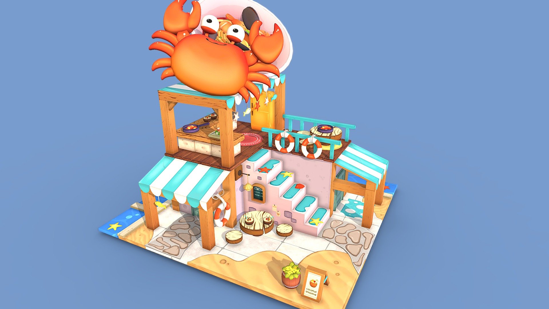 A cute stylized seafood restaurant diorama made in Maya 2024 and fully handpainted in Krita.
I hope you liked it and please give me feedbacks wherever necessary! Have a nice day!

Model inspiration is based on the concept art from the talented Soyun Lee 이소연 
https://soyunlee.artstation.com/projects/48Nkdk - Seafood Restaurant | 3D stylized diorama - 3D model by Ash (@Jasmine.Ashley) 3d model